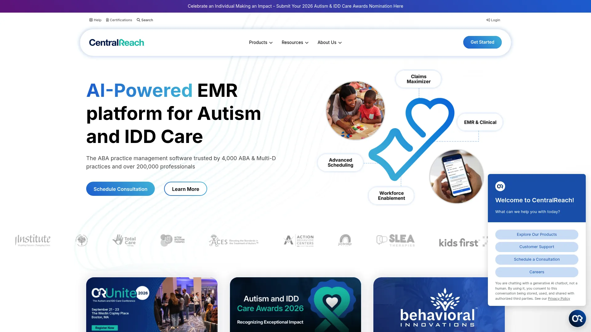 CentralReach ABA and IDD care software homepage