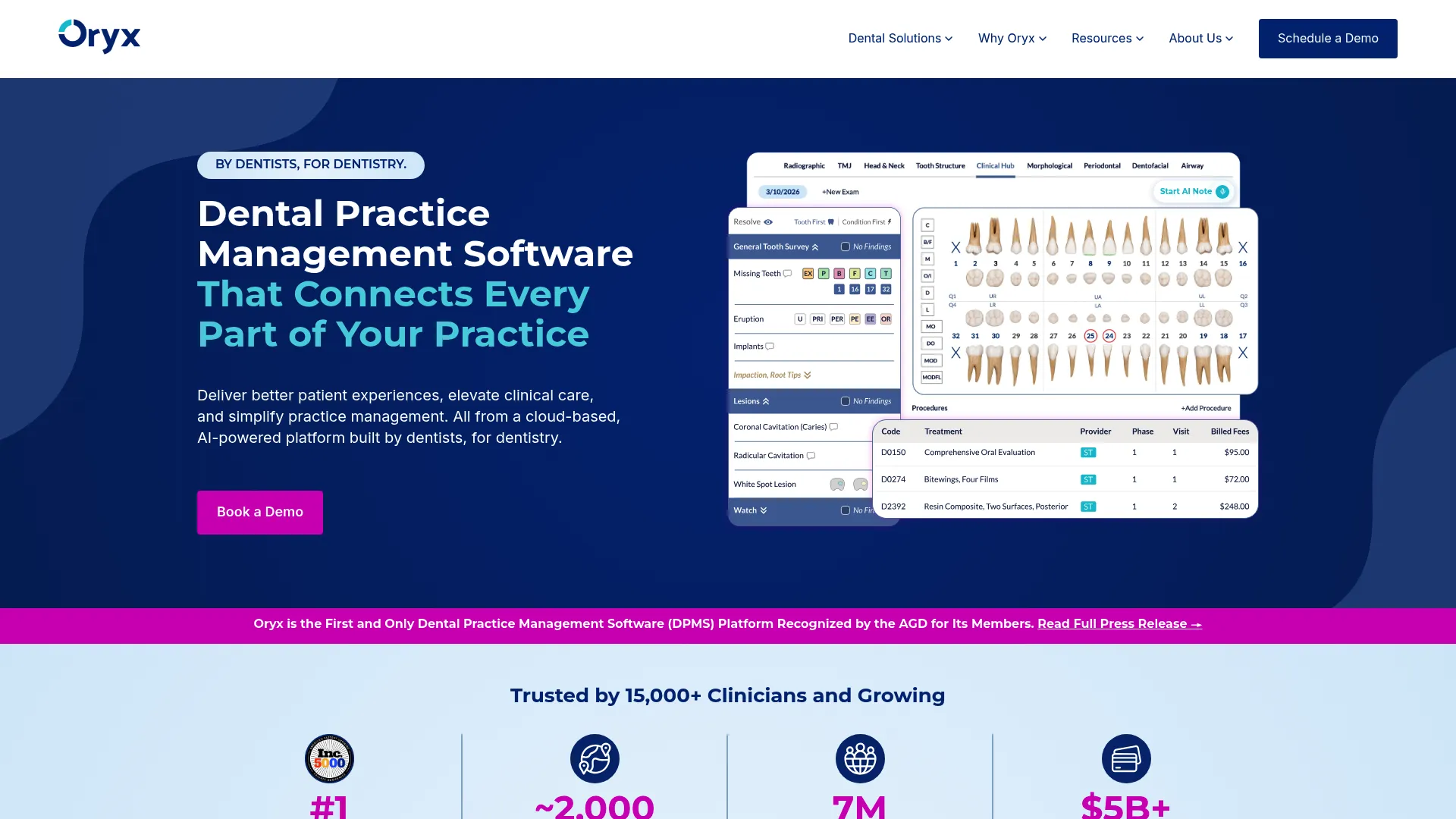 Oryx Dental AI-powered cloud software homepage