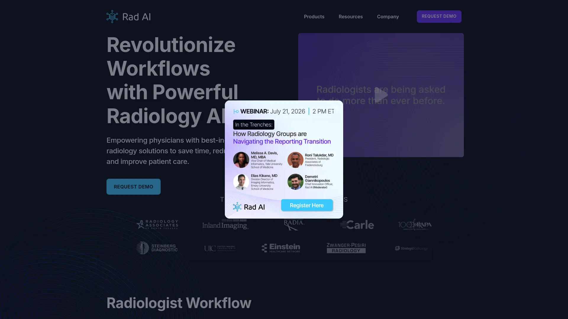 Rad AI radiology reporting software homepage