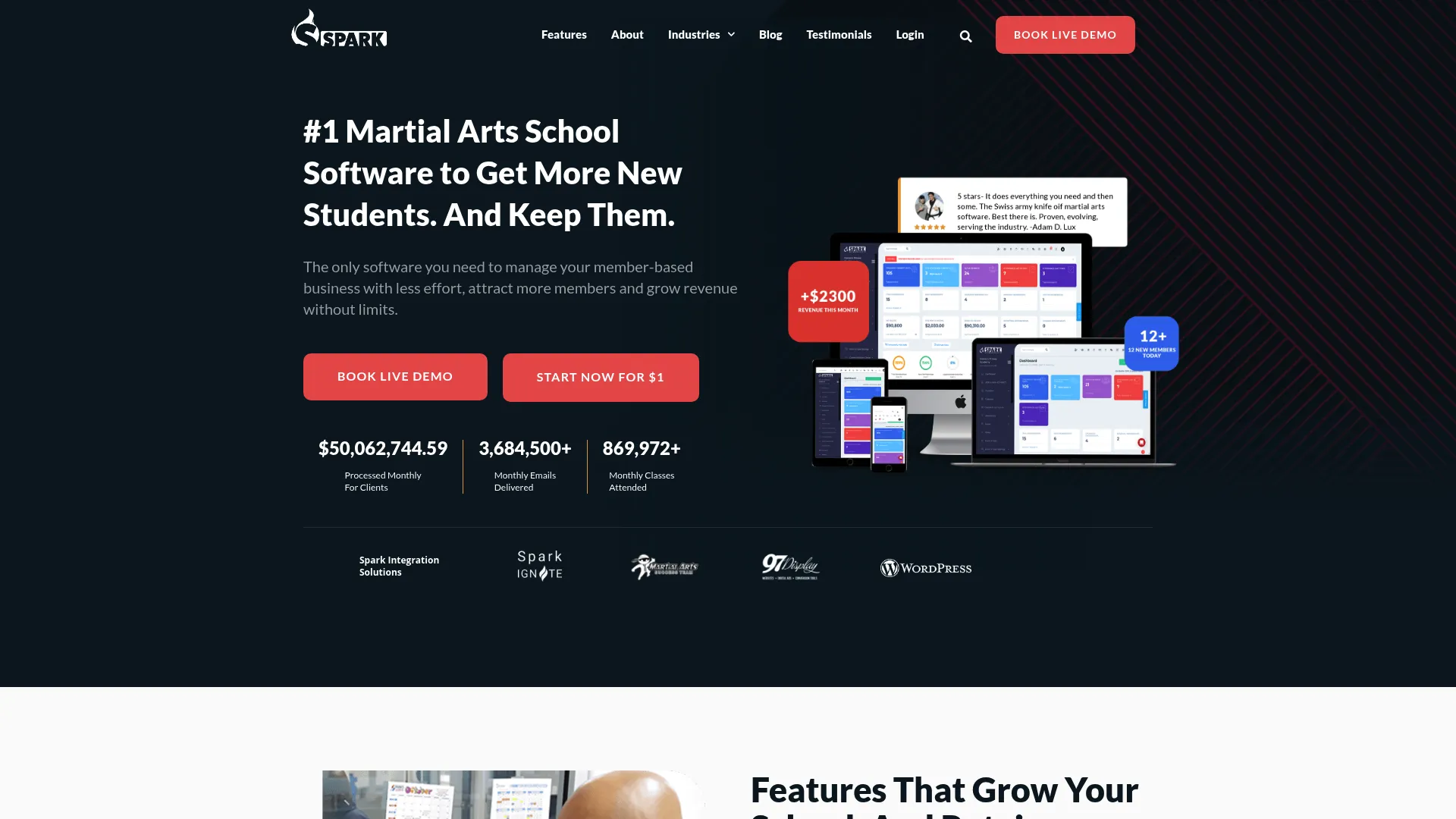 Spark Membership martial arts management software dashboard
