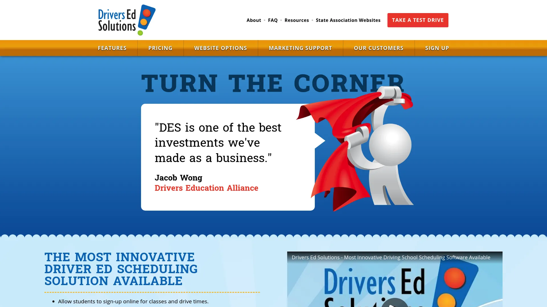 Drivers Ed Solutions homepage showing scheduling and website software