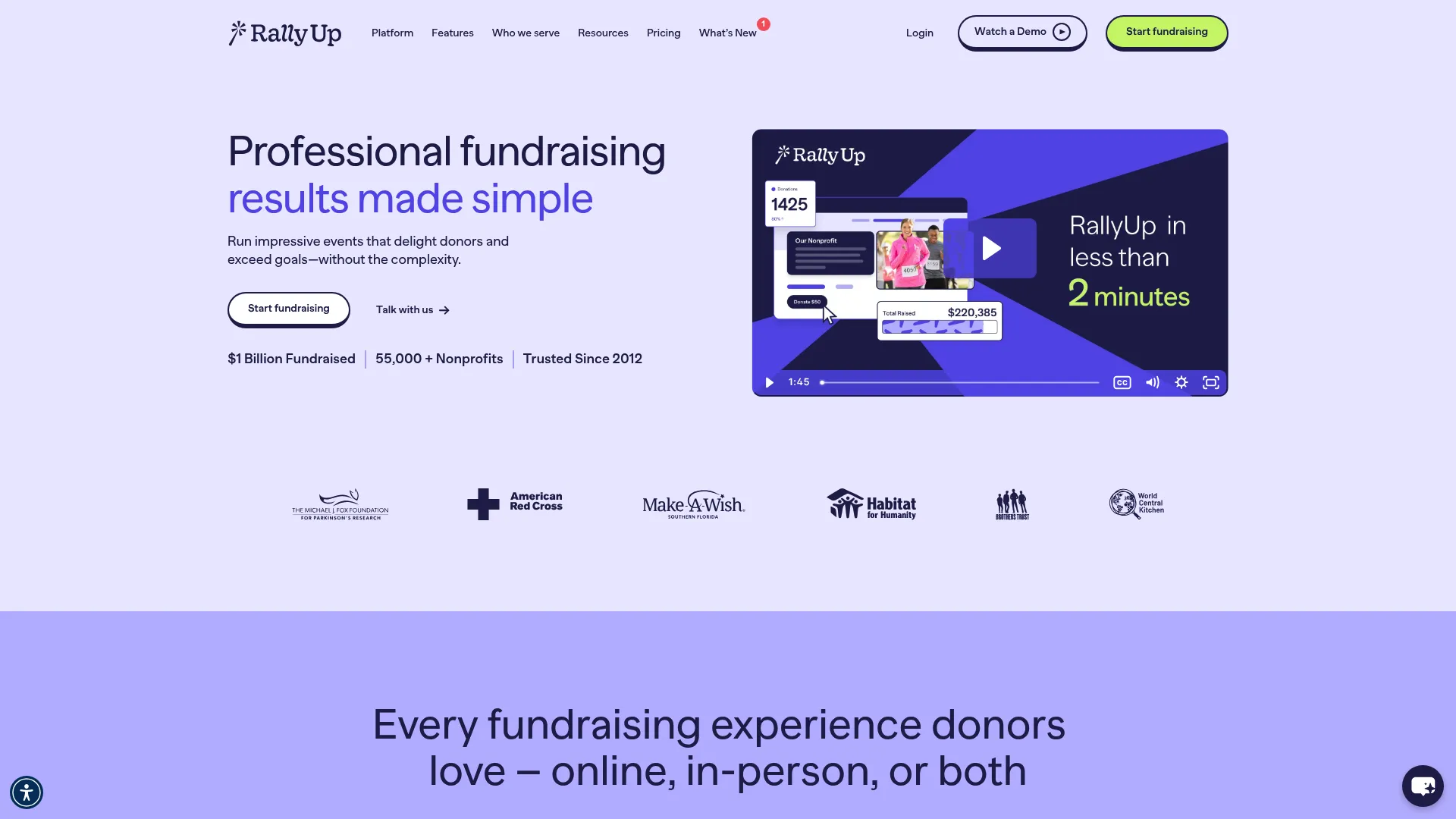 RallyUp fundraising platform homepage