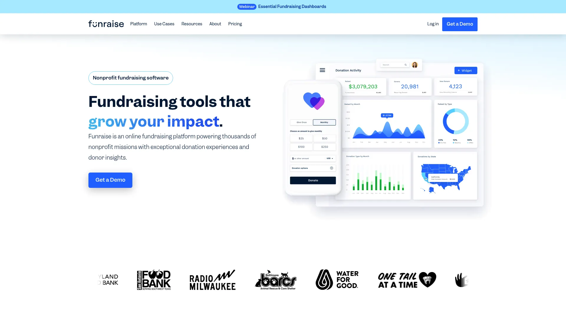 Funraise nonprofit fundraising platform homepage