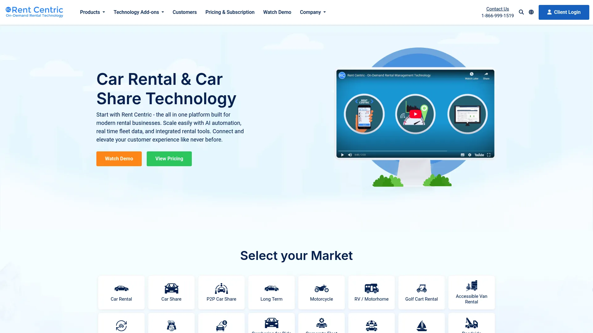 Rent Centric vehicle rental software homepage