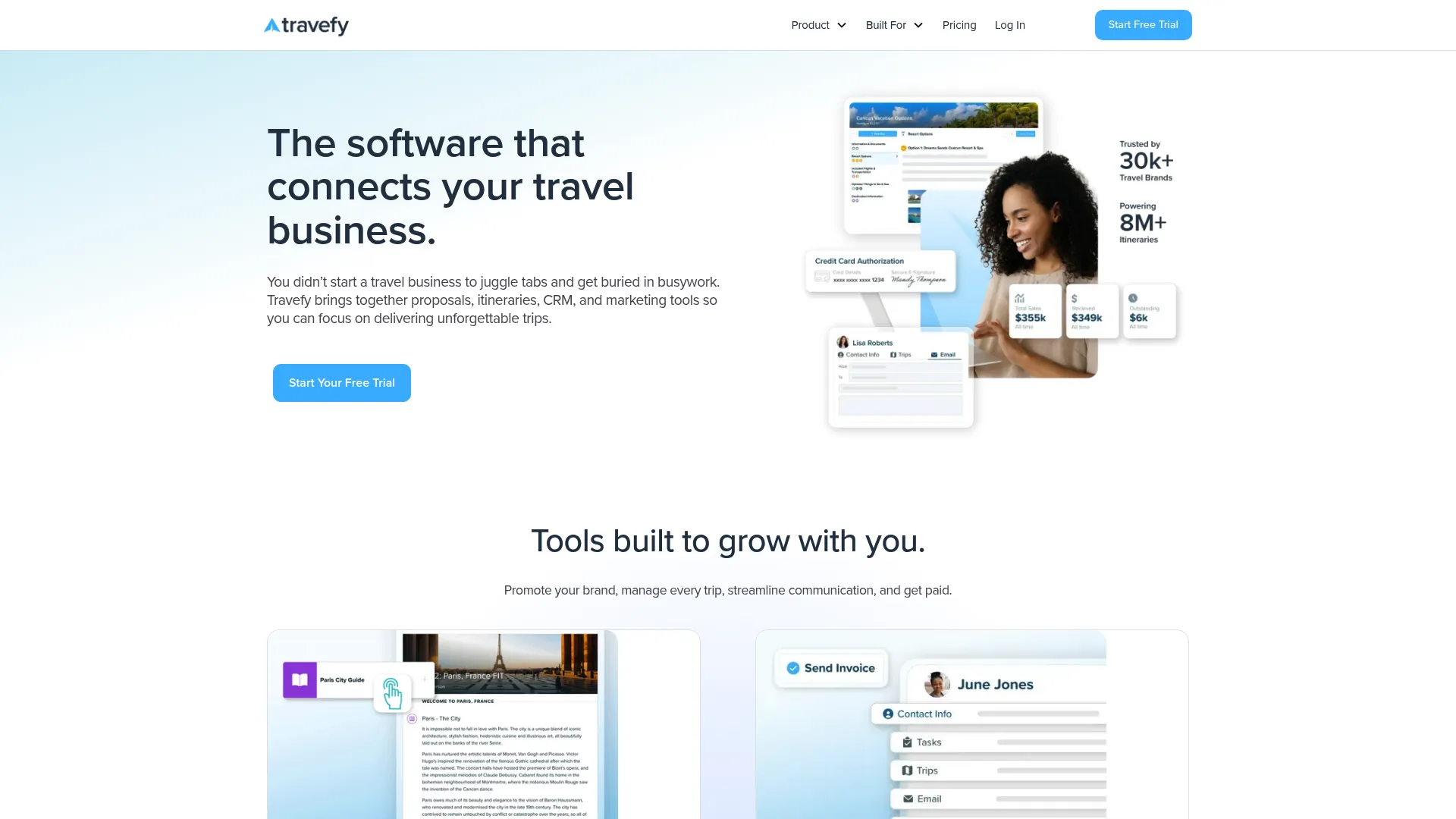 Travefy travel agency software homepage