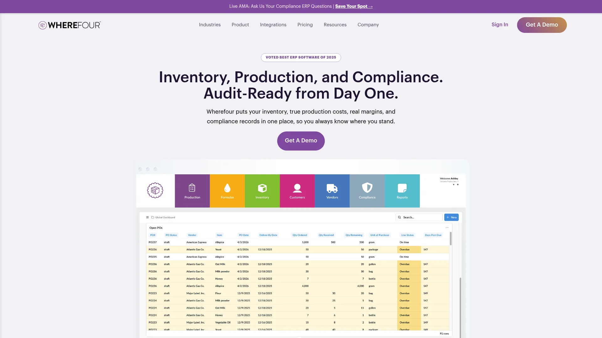Wherefour manufacturing ERP and traceability software homepage