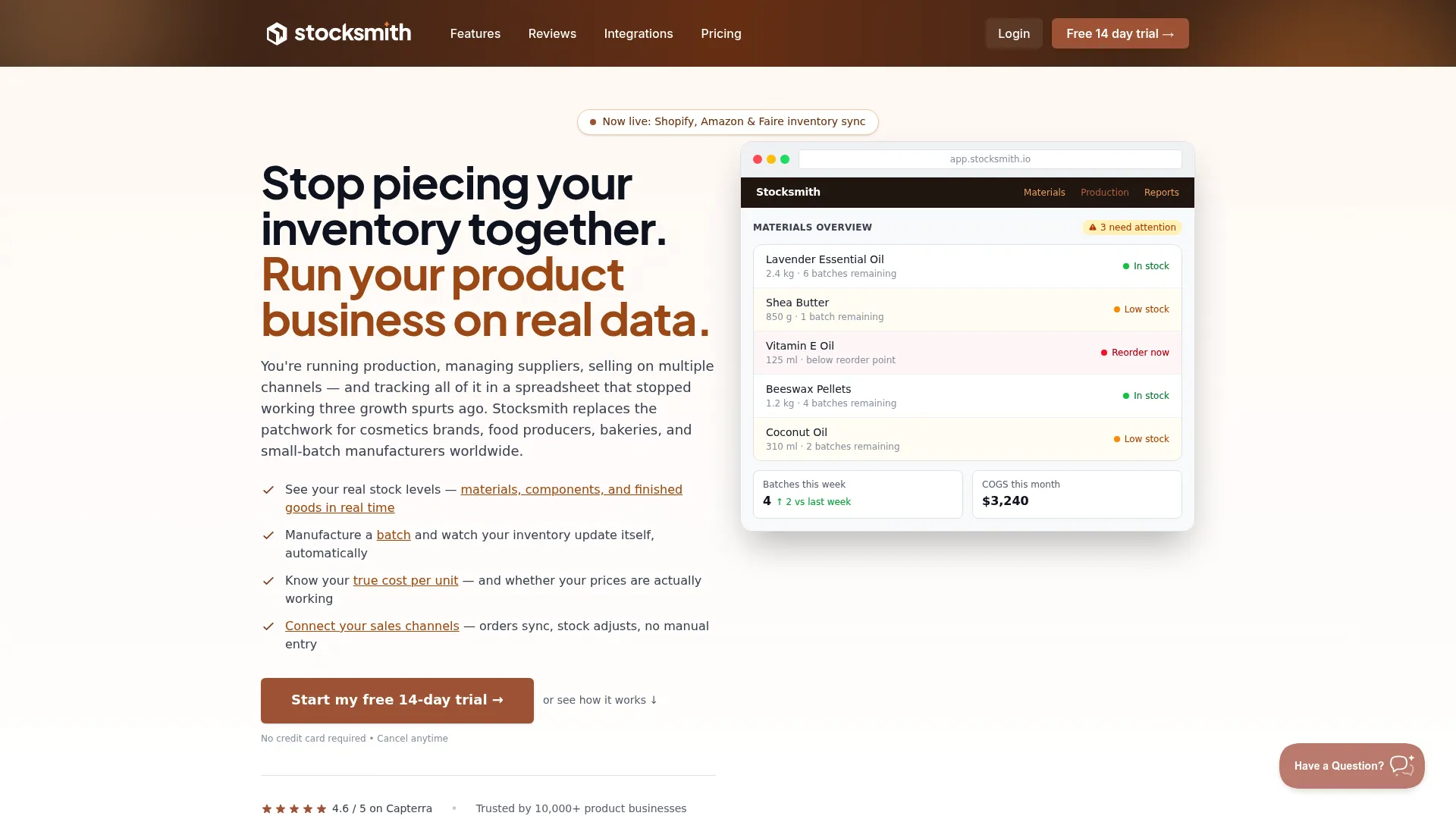 Craftybase inventory and costing software homepage