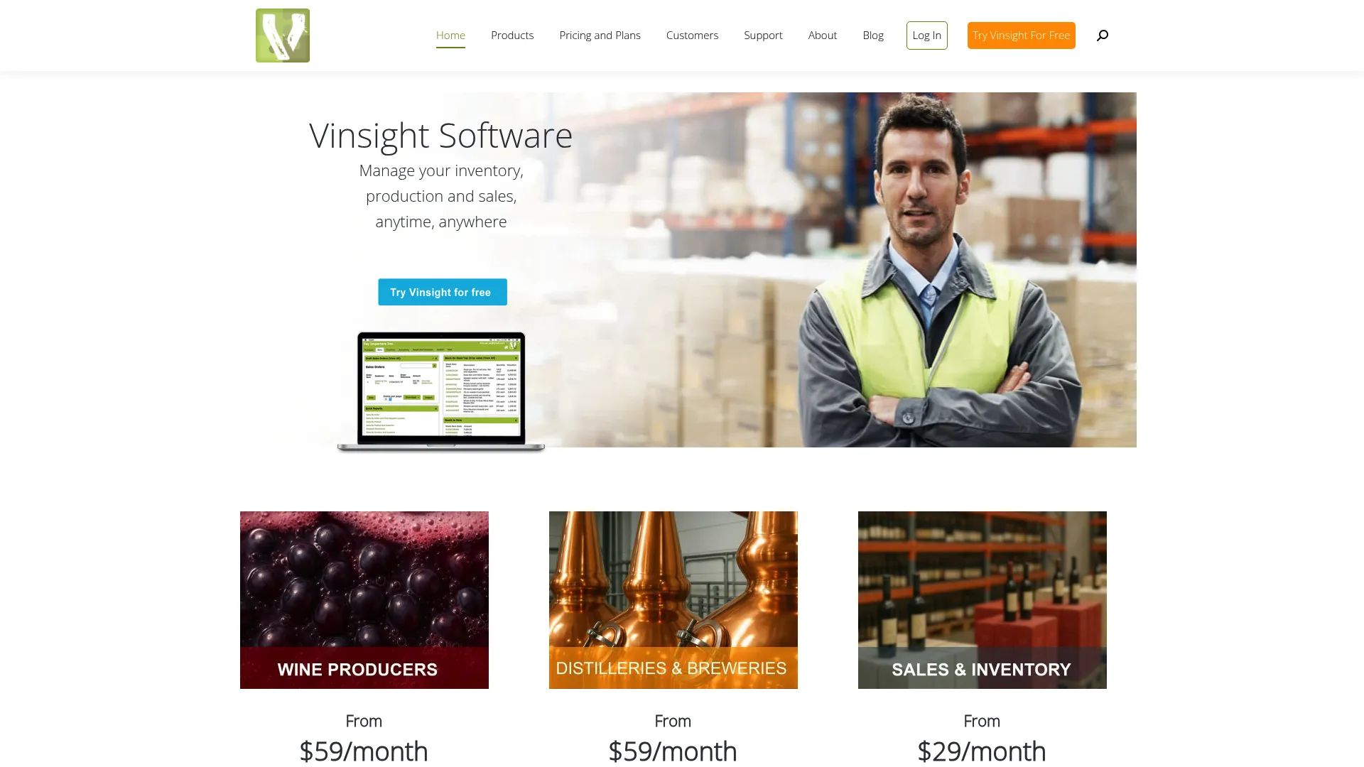 Vinsight winery and beverage production software homepage