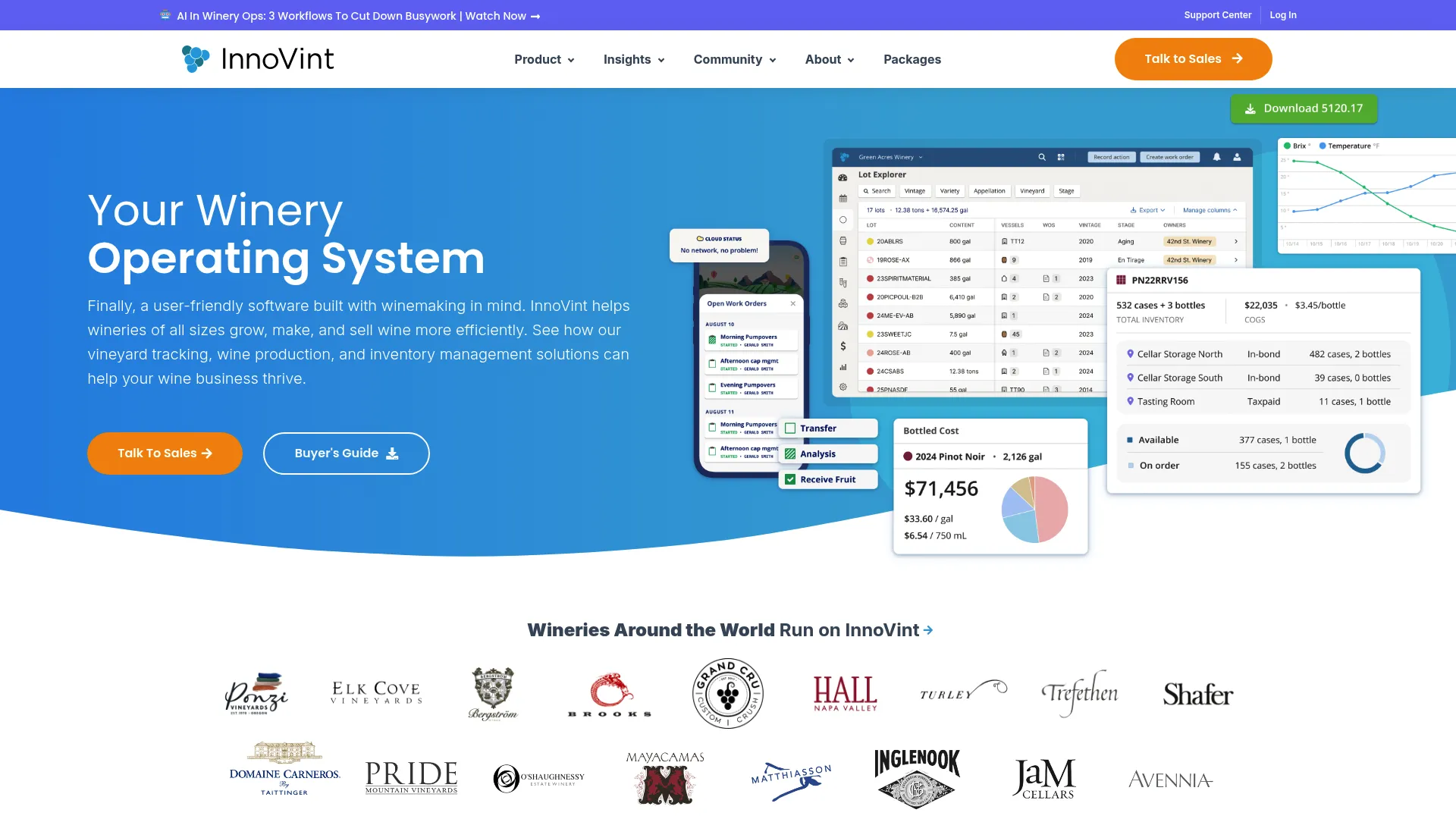 InnoVint winery operating system homepage showing production and inventory management features