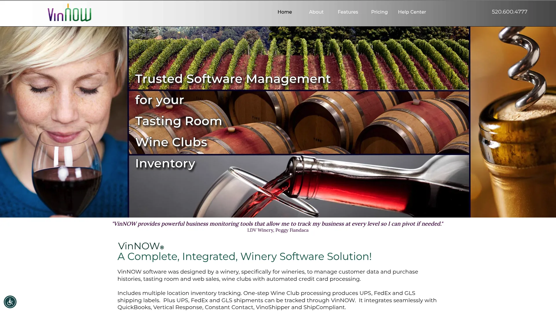 VinNOW winery management software homepage showing POS and wine club features
