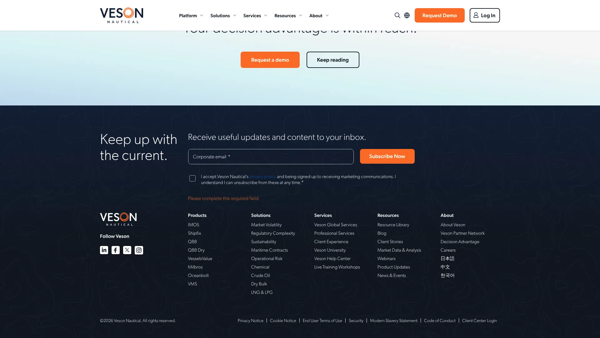 Veson Nautical maritime freight and voyage software homepage
