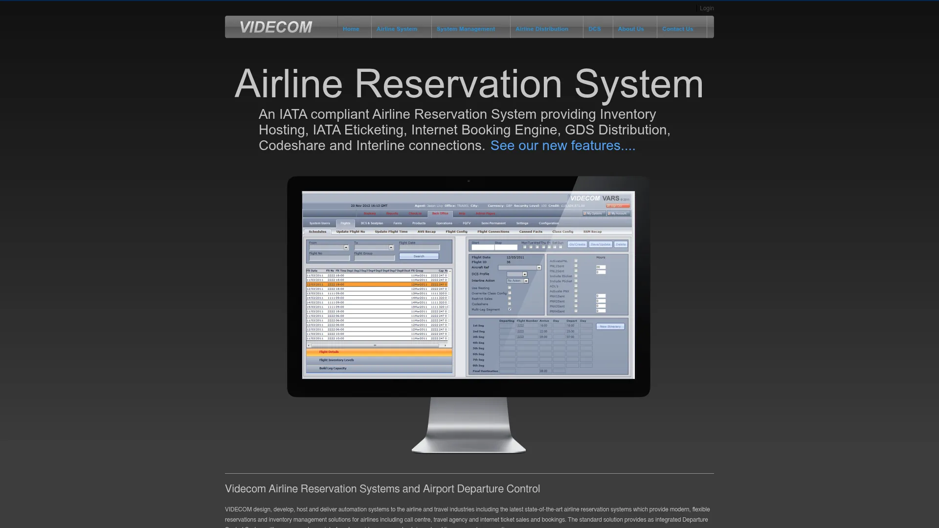 Videcom VRS airline reservation and passenger processing homepage