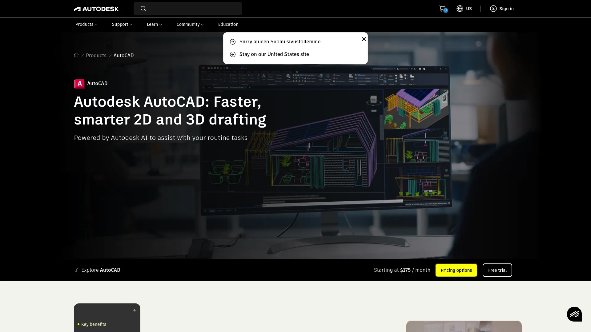 AutoCAD product page showing 2D and 3D CAD drafting software