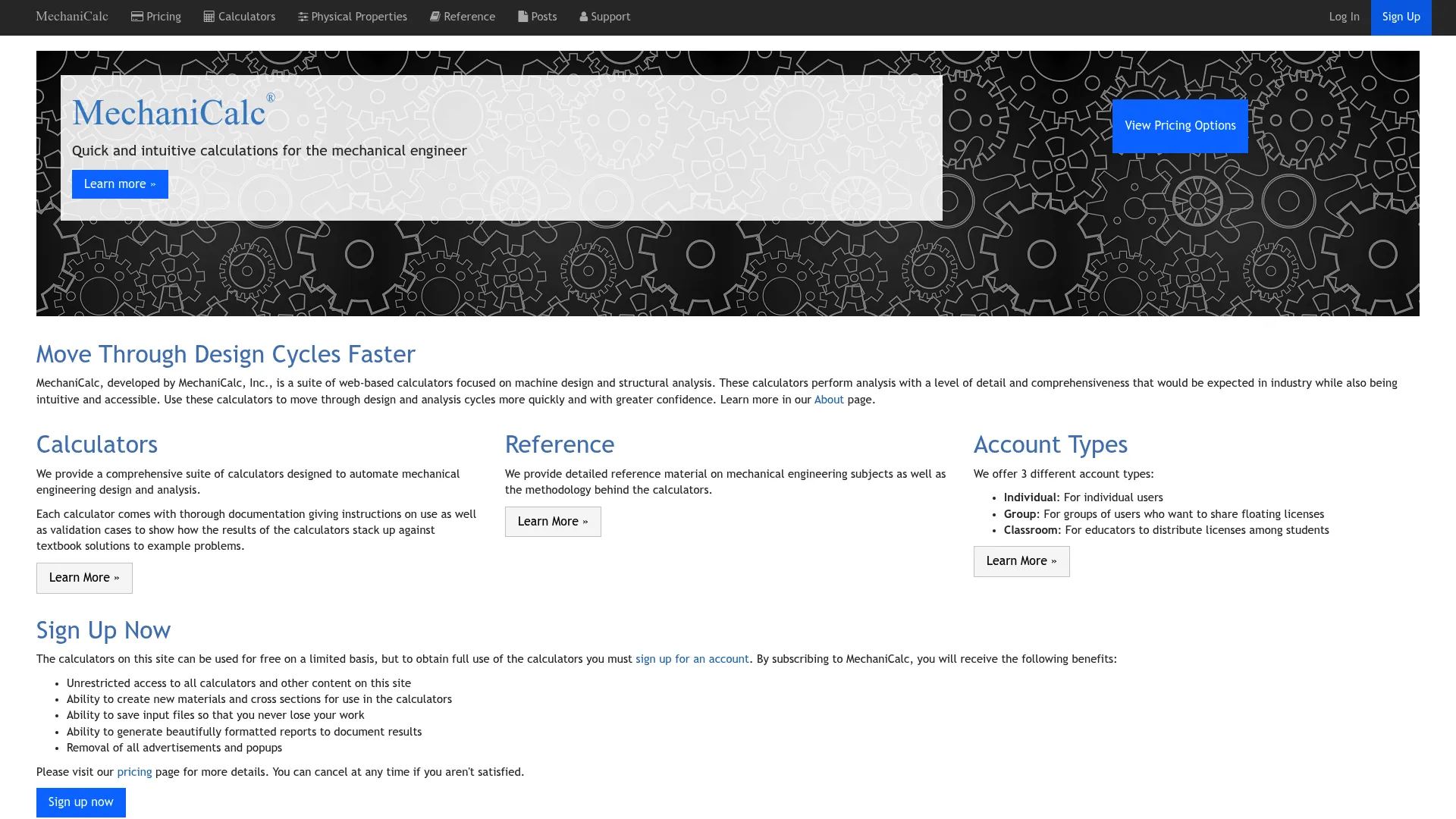 MechaniCalc engineering calculators homepage