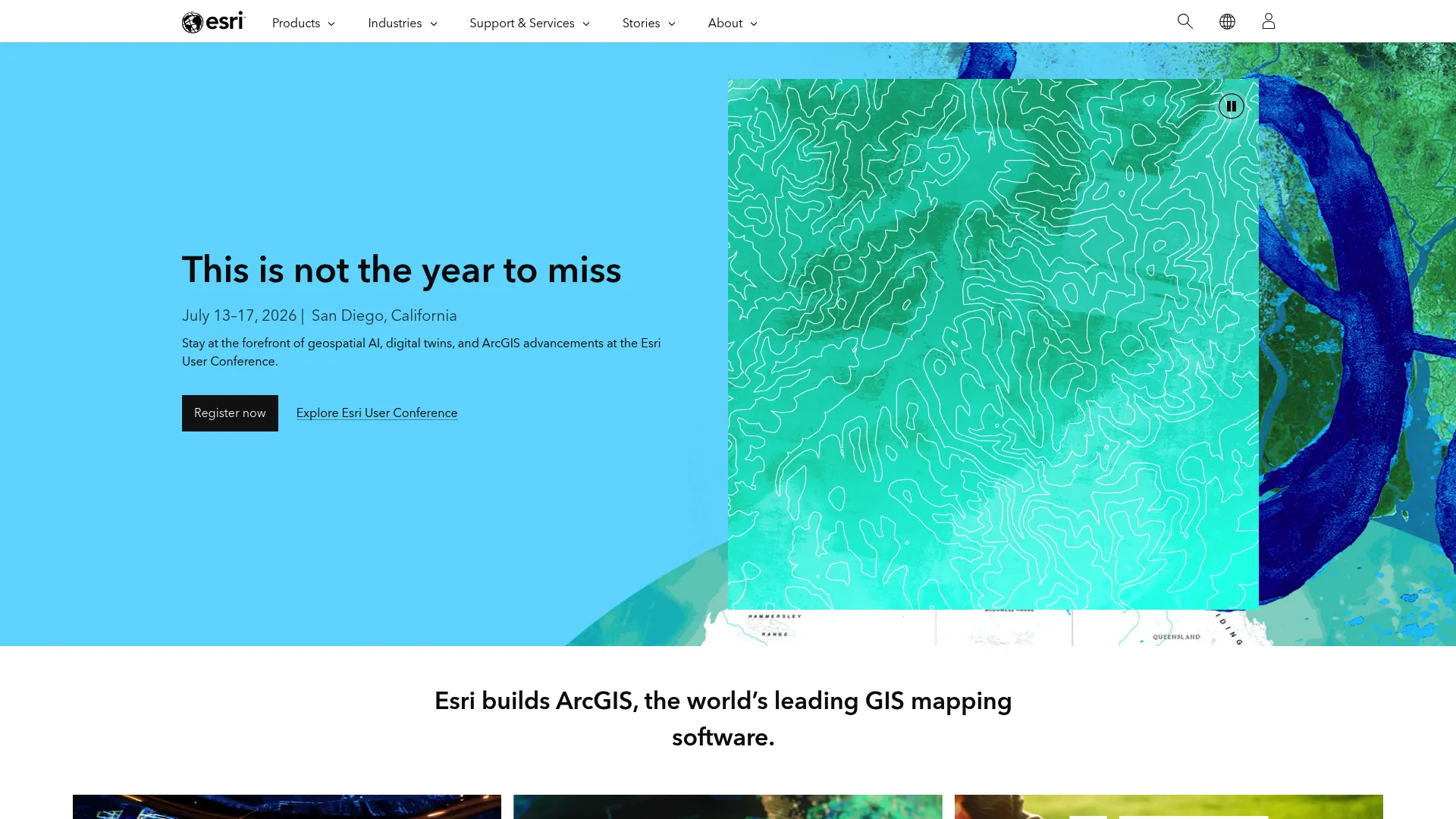 Esri homepage showing ArcGIS geospatial software platform