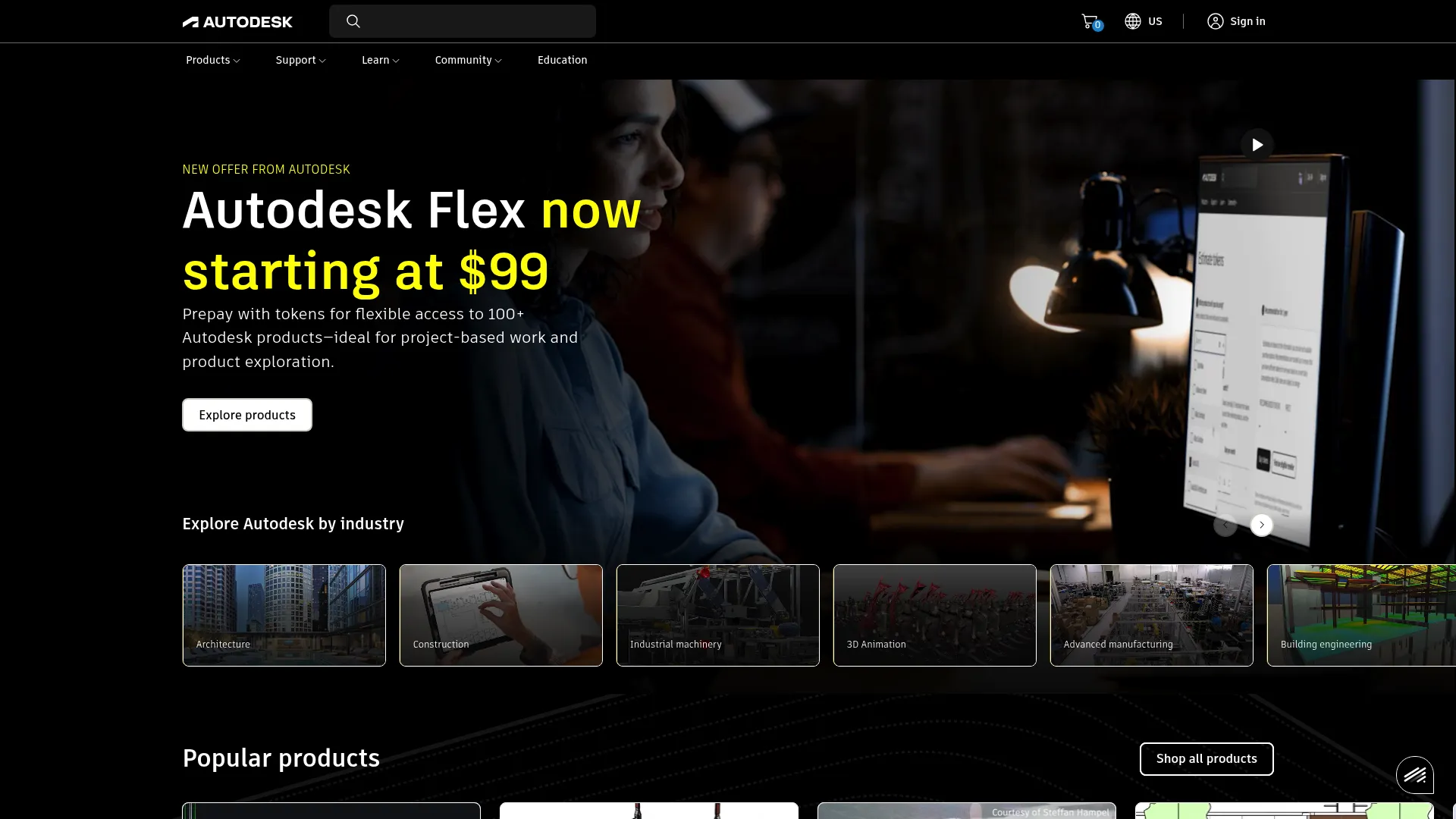 Autodesk homepage showing design and make software for engineering and construction