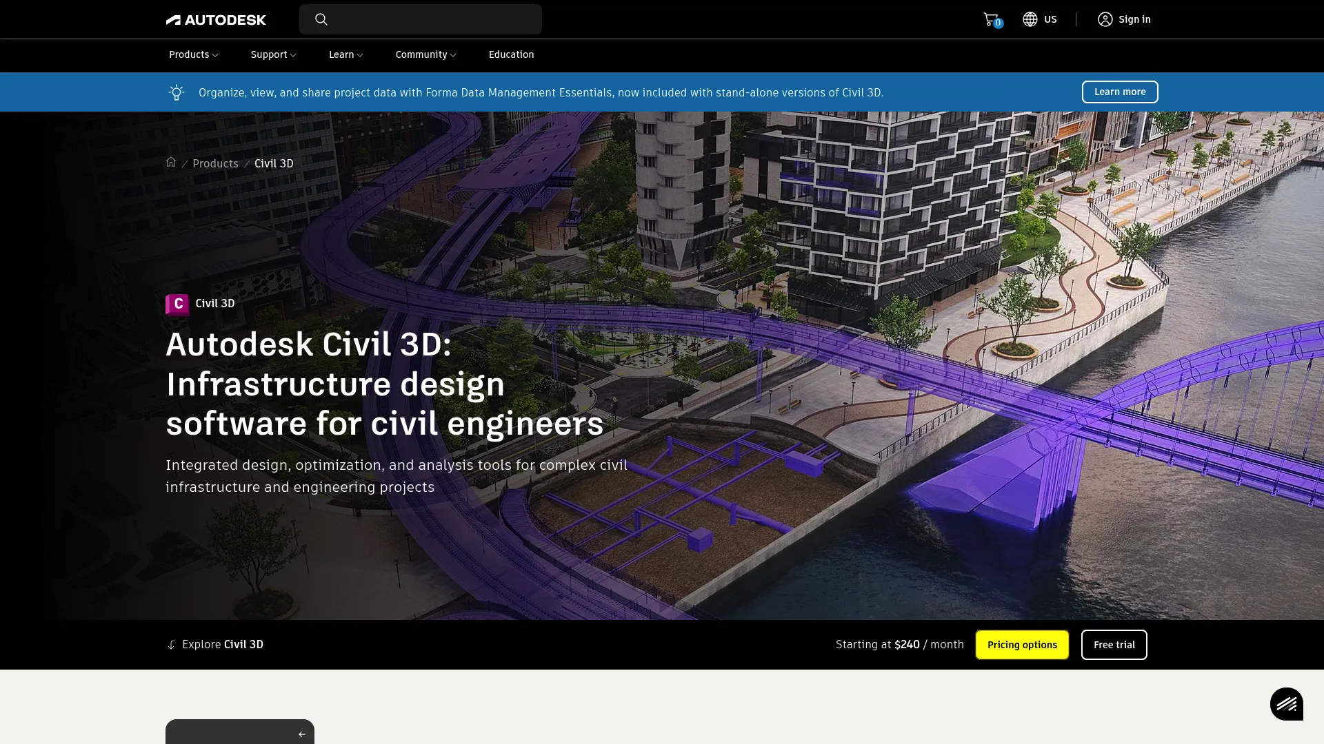 Civil 3D product page showing civil engineering CAD design software