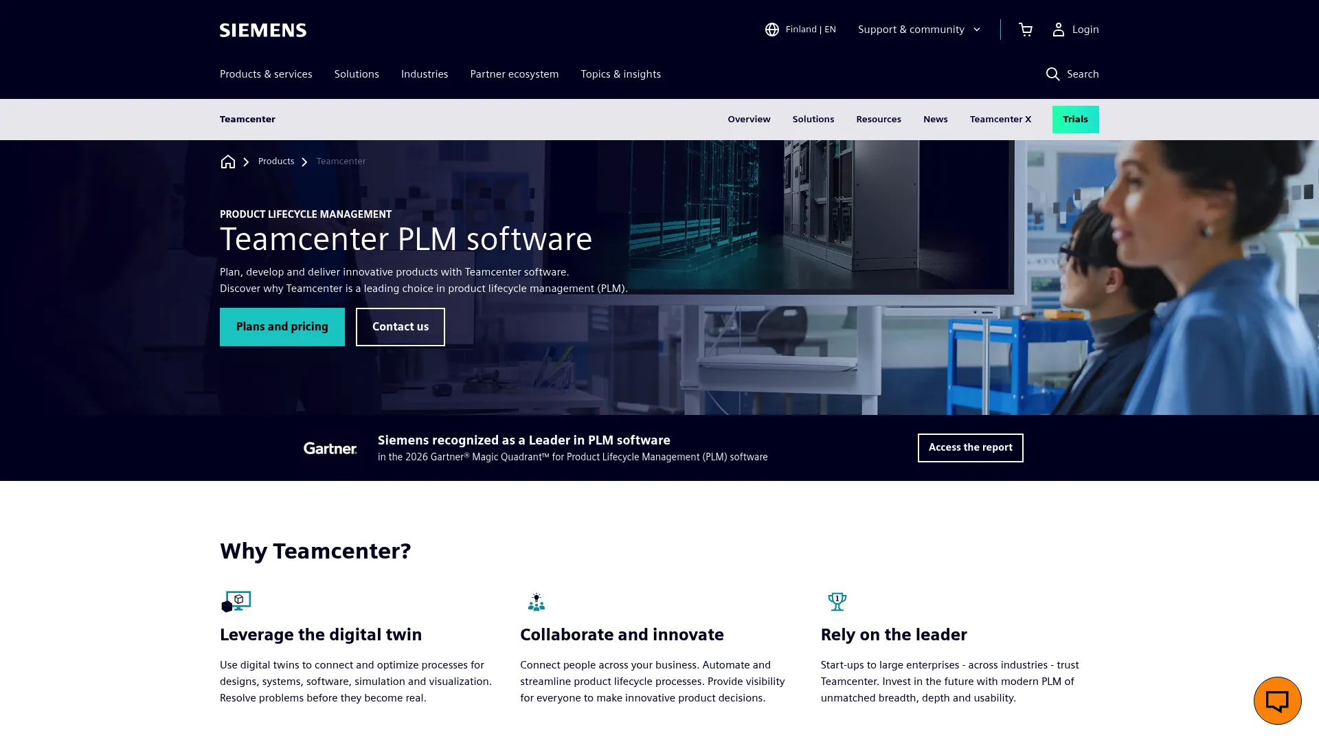 Siemens Teamcenter product lifecycle management software homepage