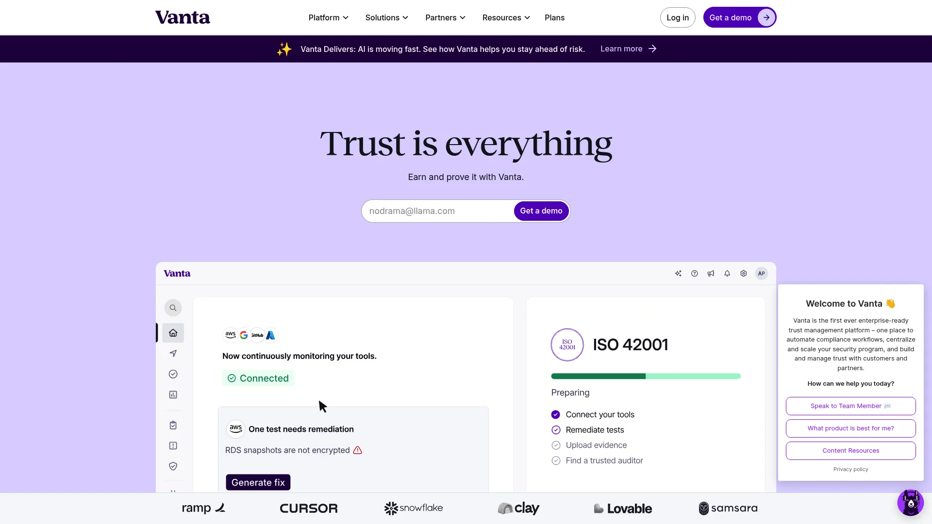 Vanta trust and compliance automation homepage