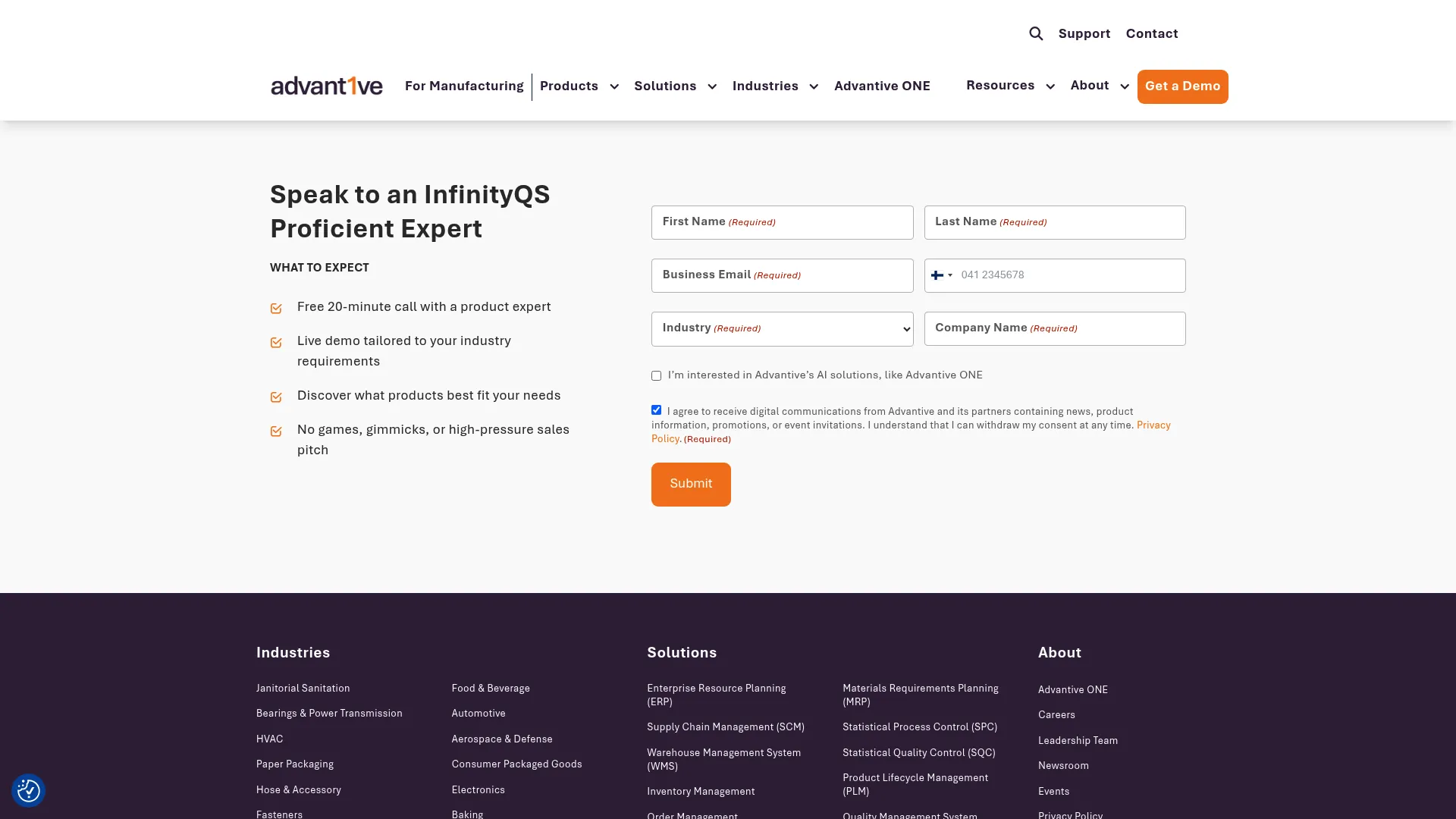 InfinityQS homepage showing manufacturing quality and real-time SPC software