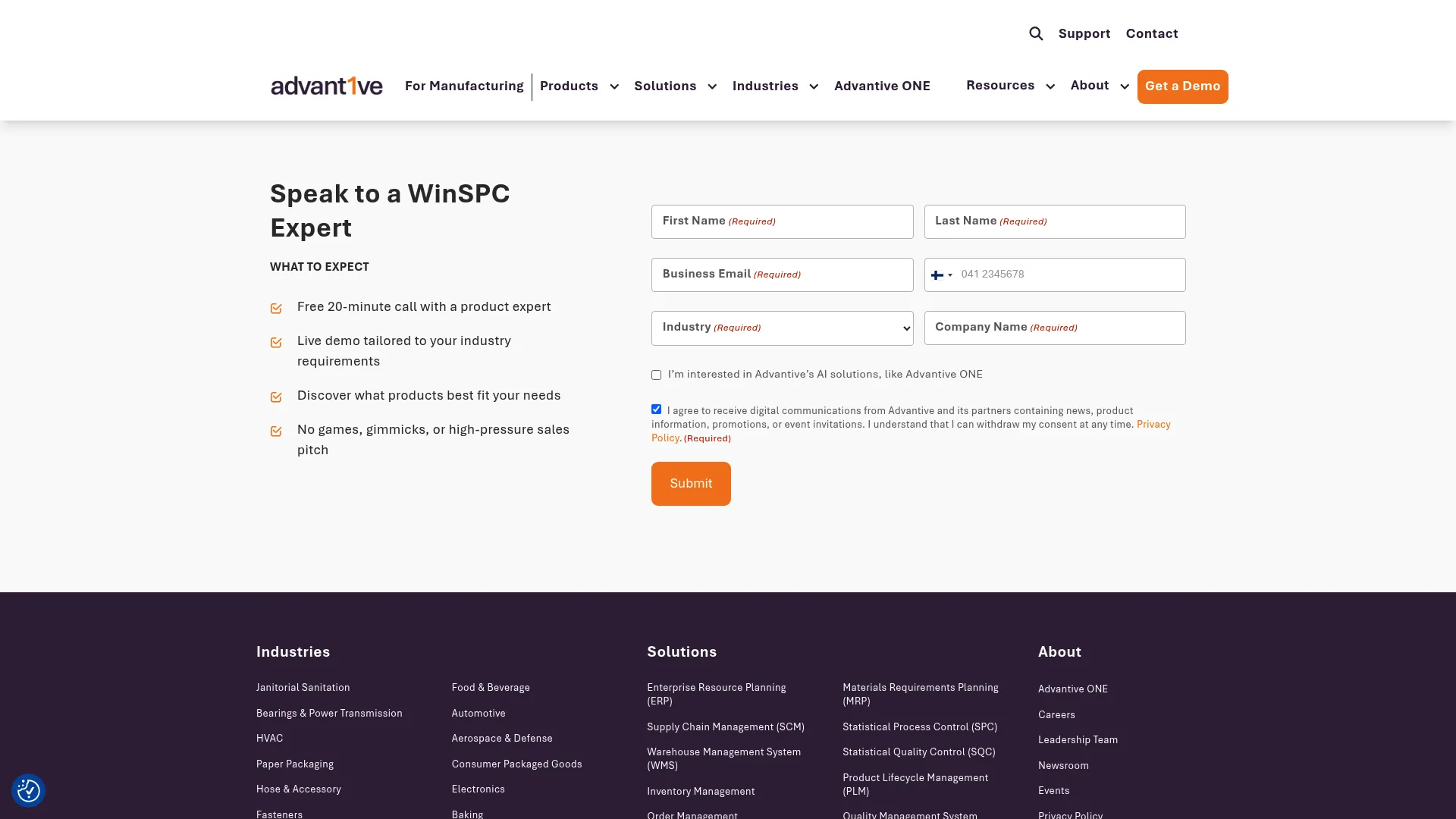 WinSPC homepage showing real-time SPC software for manufacturing quality monitoring