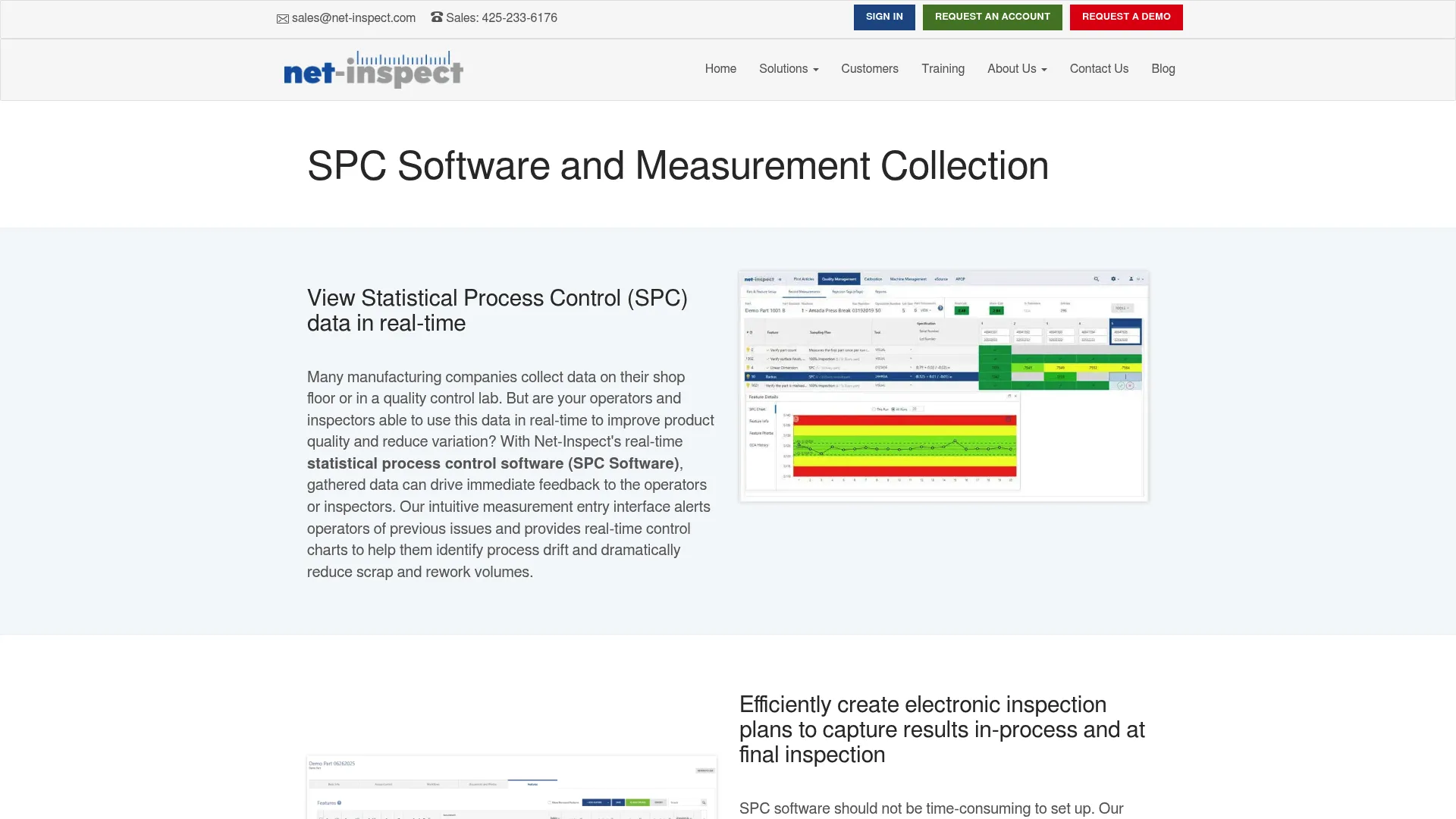 Net-Inspect SPC Software page showing cloud-based statistical process control