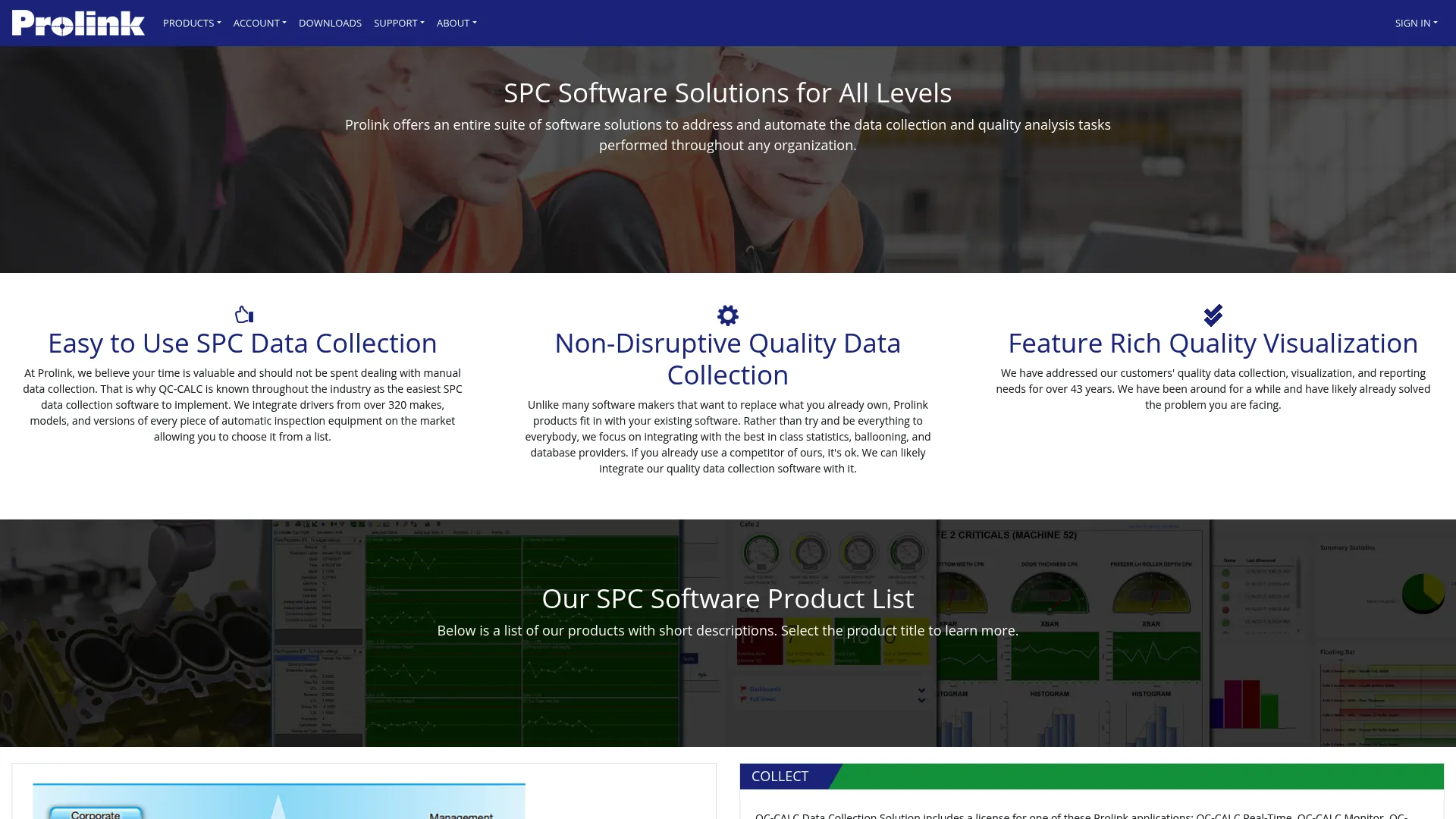 Prolink Software homepage showing SPC data collection and quality control software