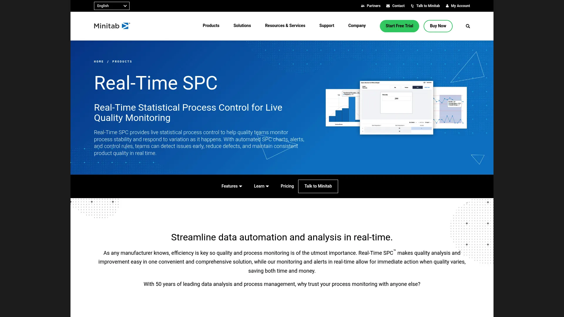 Minitab Real-Time SPC product page showing real-time statistical process control monitoring