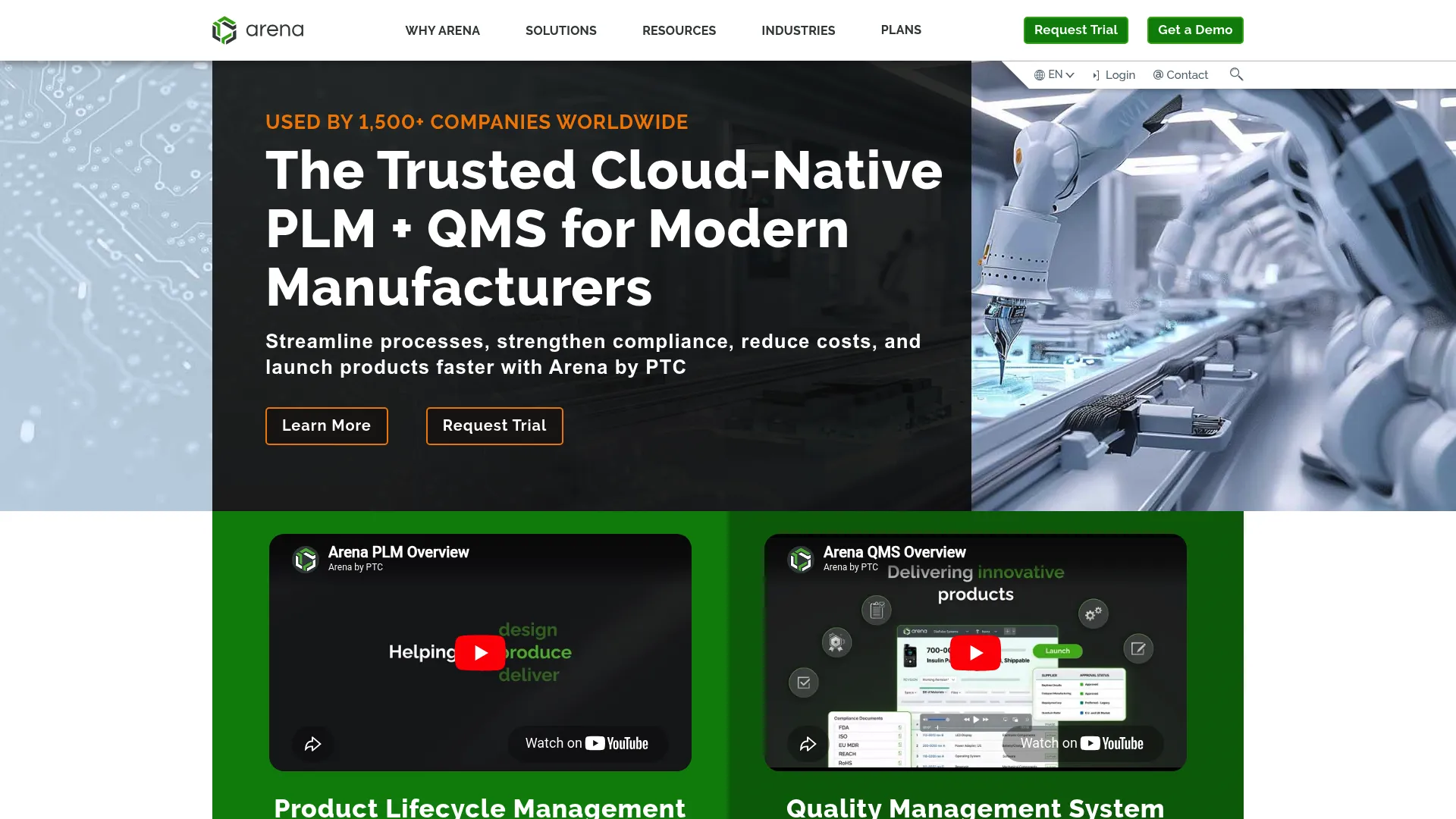 Arena PLM cloud-native product lifecycle management homepage