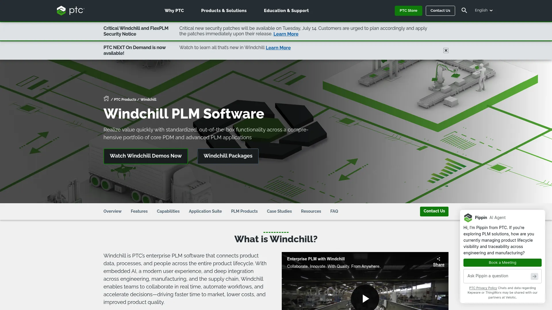 PTC Windchill enterprise PLM software homepage
