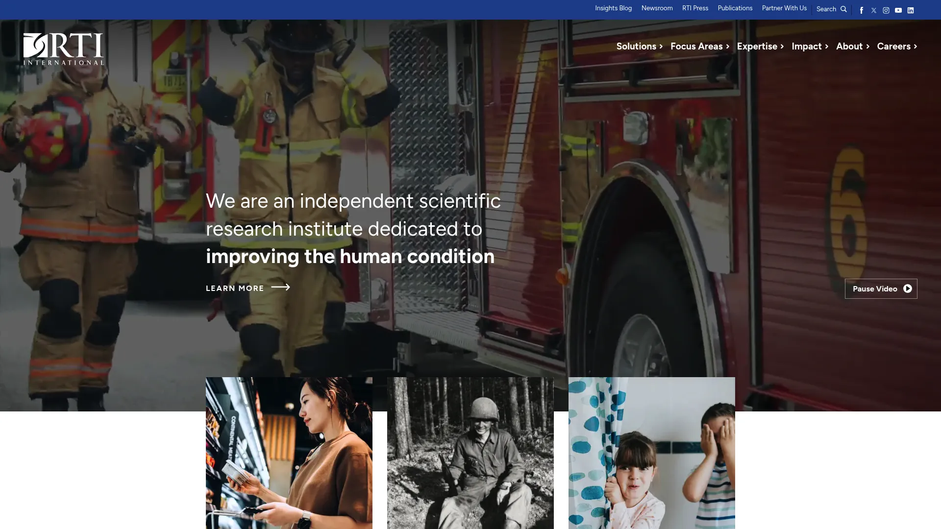 RTI International research institute site showing science-based data and technical services