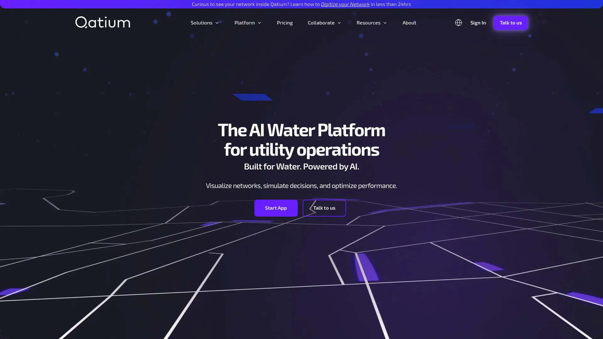 Qatium AI water platform showing network visualization and operational warnings