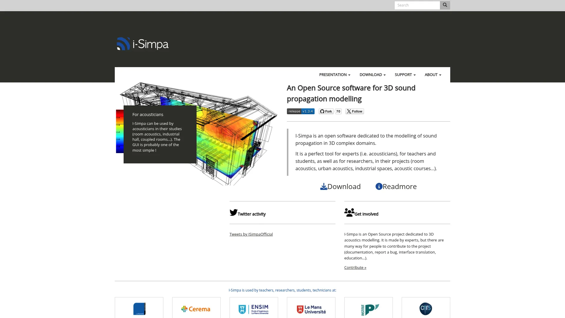 I-Simpa homepage showing open-source 3D sound propagation software