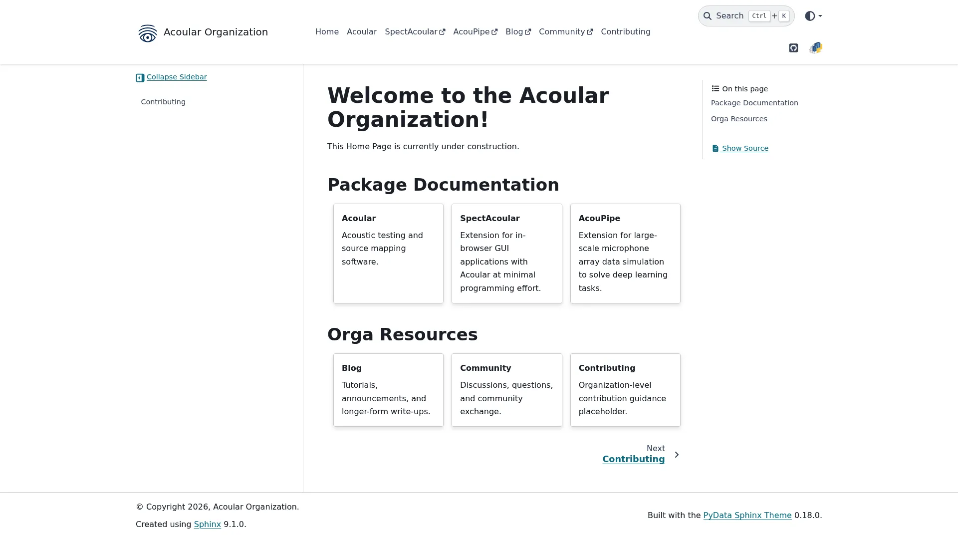 Acoular homepage showing open-source acoustic beamforming software
