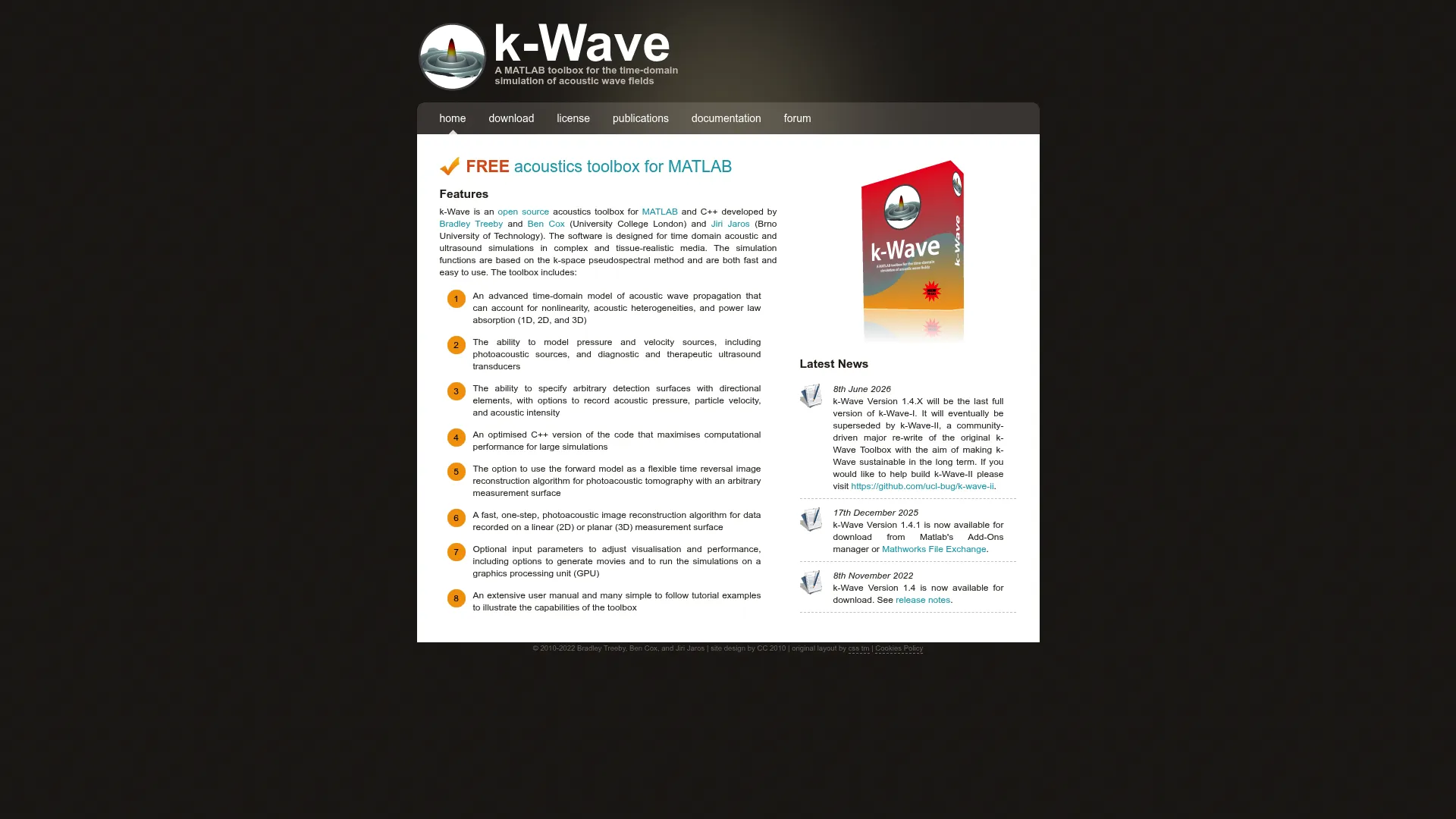 k-Wave homepage showing time-domain acoustic wave simulation toolbox