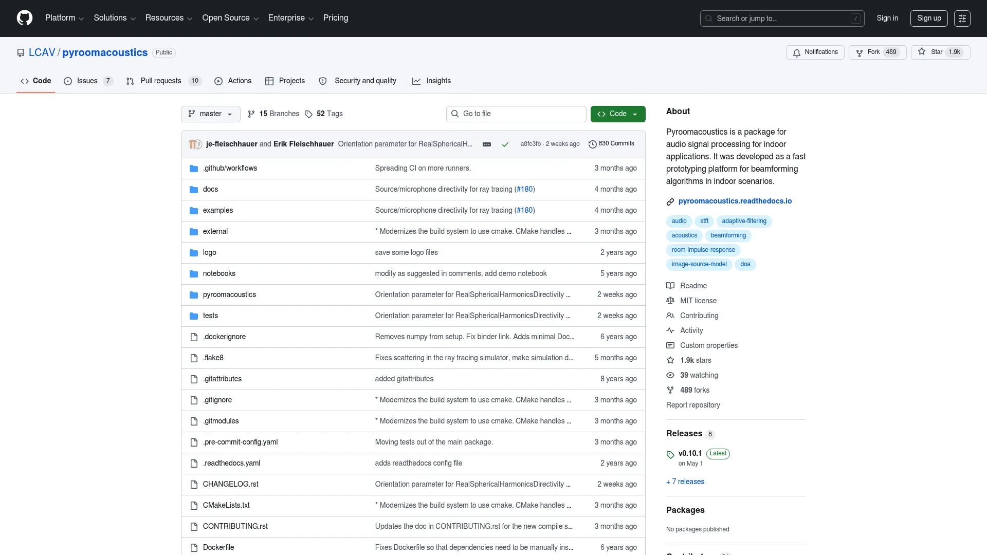 Pyroomacoustics GitHub page showing Python room acoustics package