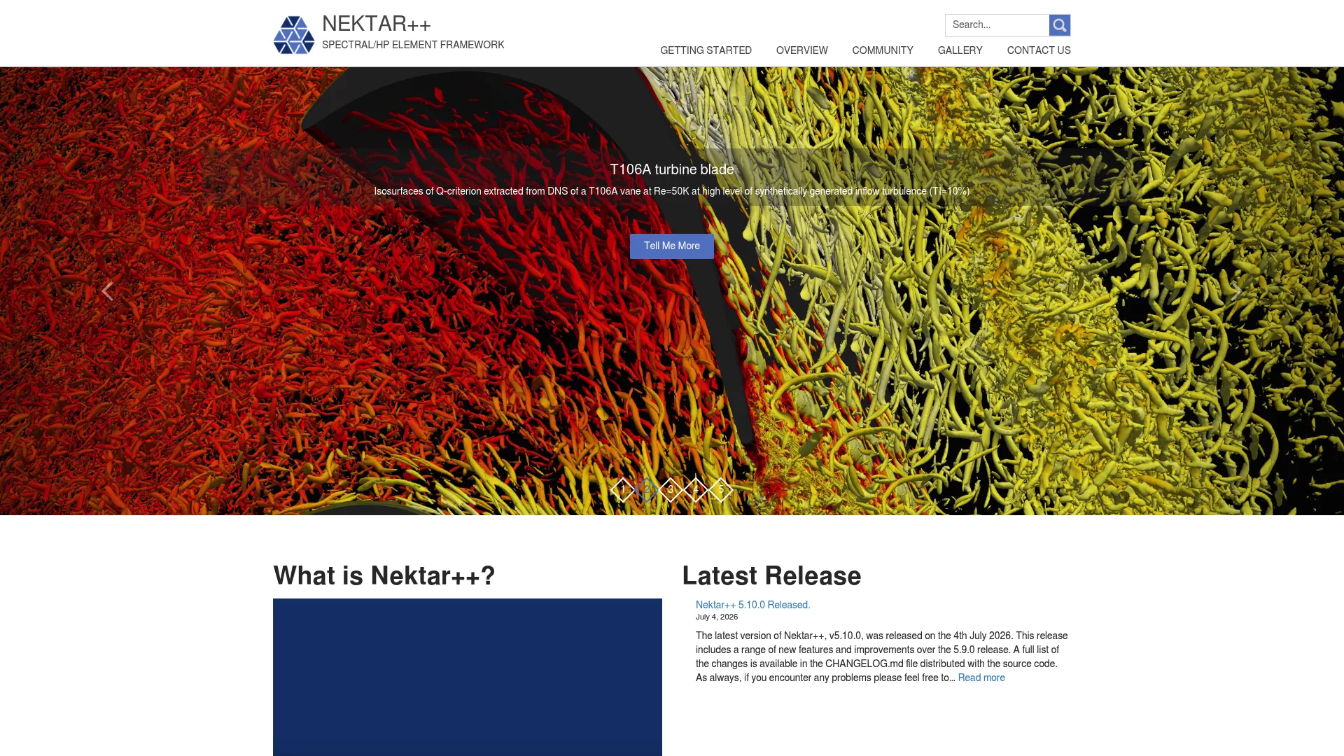 Nektar++ homepage showing open-source spectral hp element framework