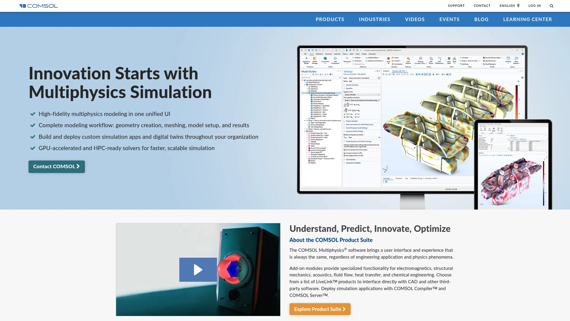 COMSOL Multiphysics homepage showing multiphysics simulation software