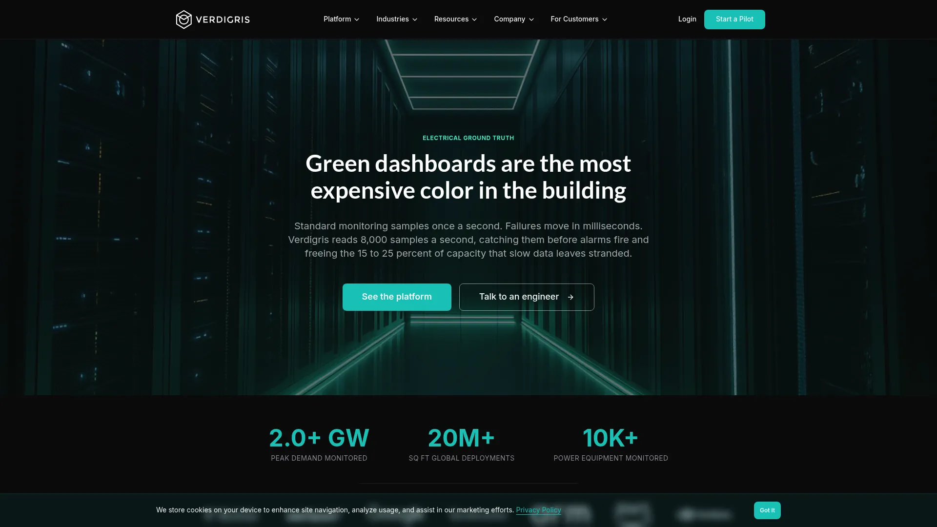 Verdigris electrical intelligence platform homepage
