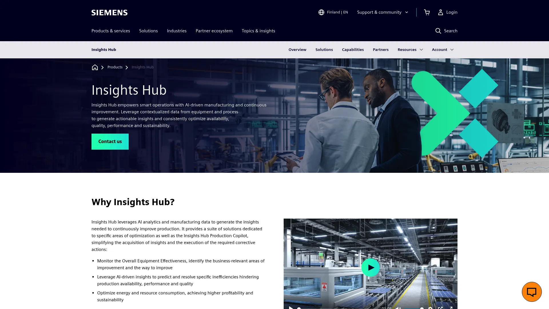 Siemens Insights Hub industrial IoT and analytics platform page