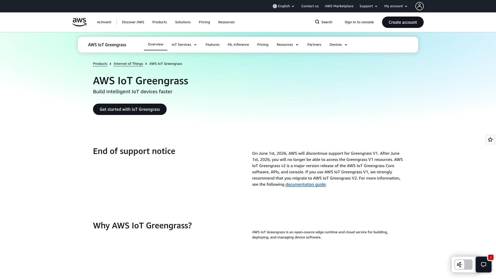 AWS IoT Greengrass edge runtime homepage