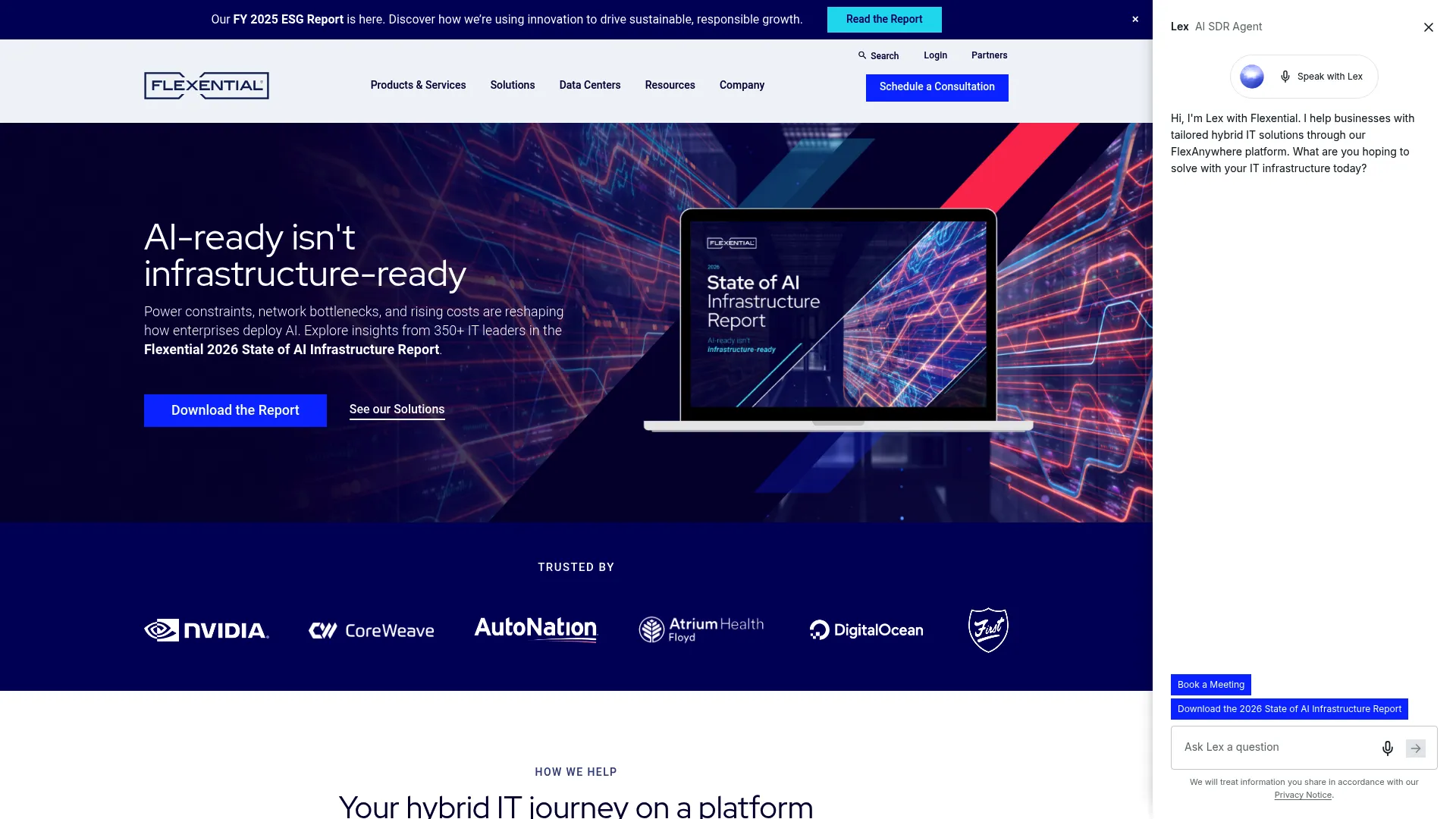 Flexential homepage highlighting colocation and hybrid IT solutions
