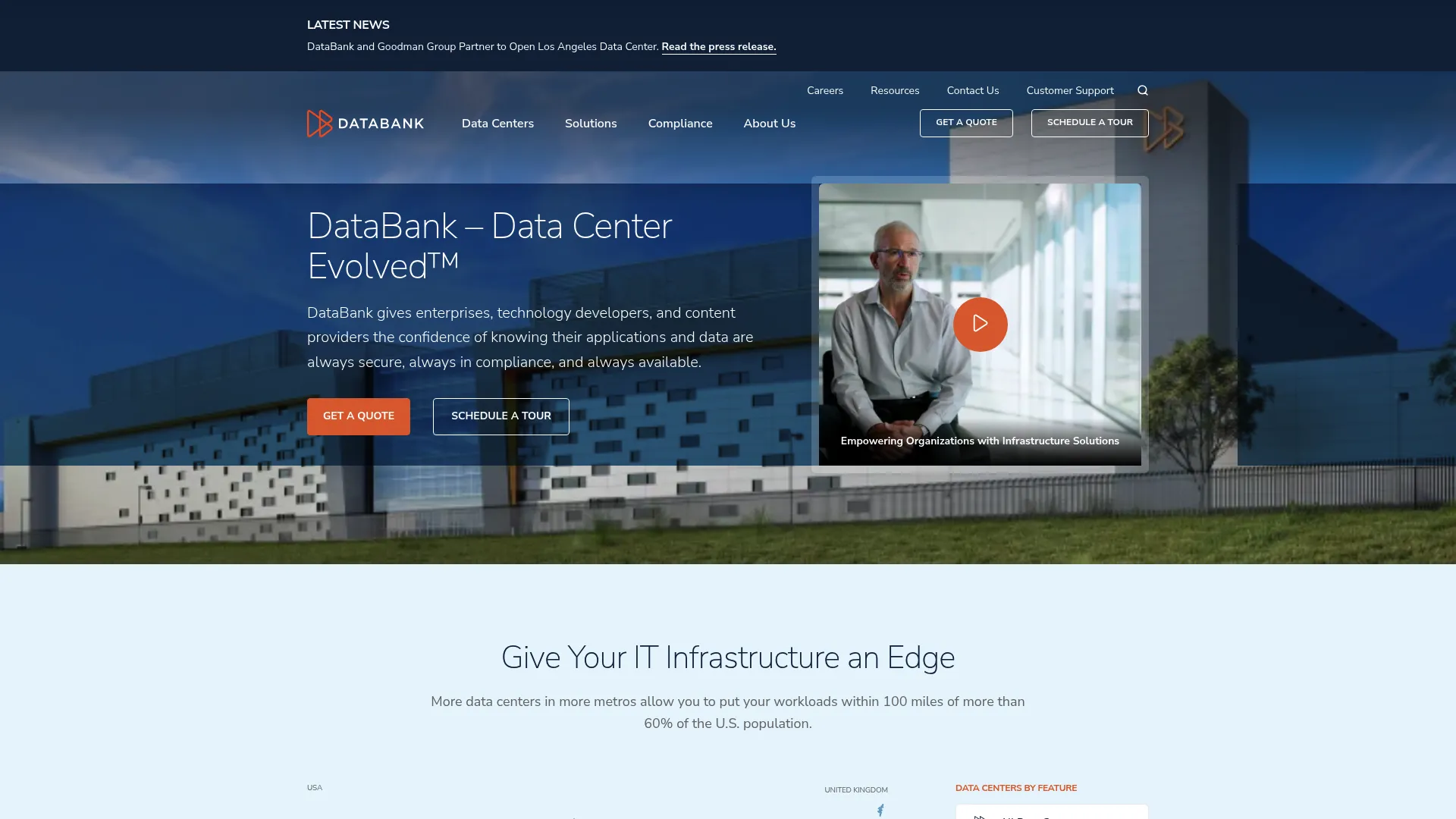 DataBank homepage showing hybrid infrastructure and colocation services