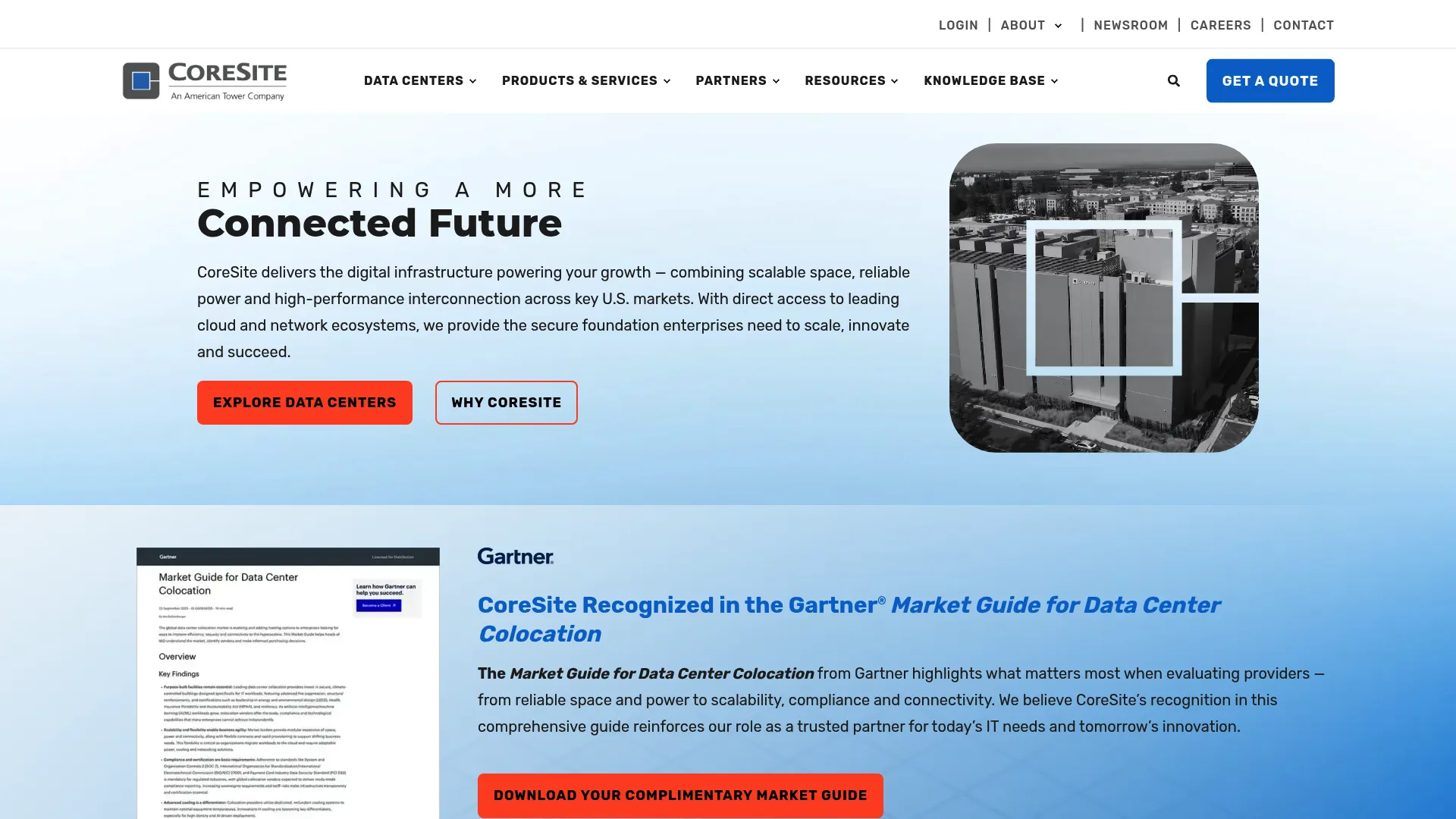 CoreSite homepage showing colocation and interconnection messaging