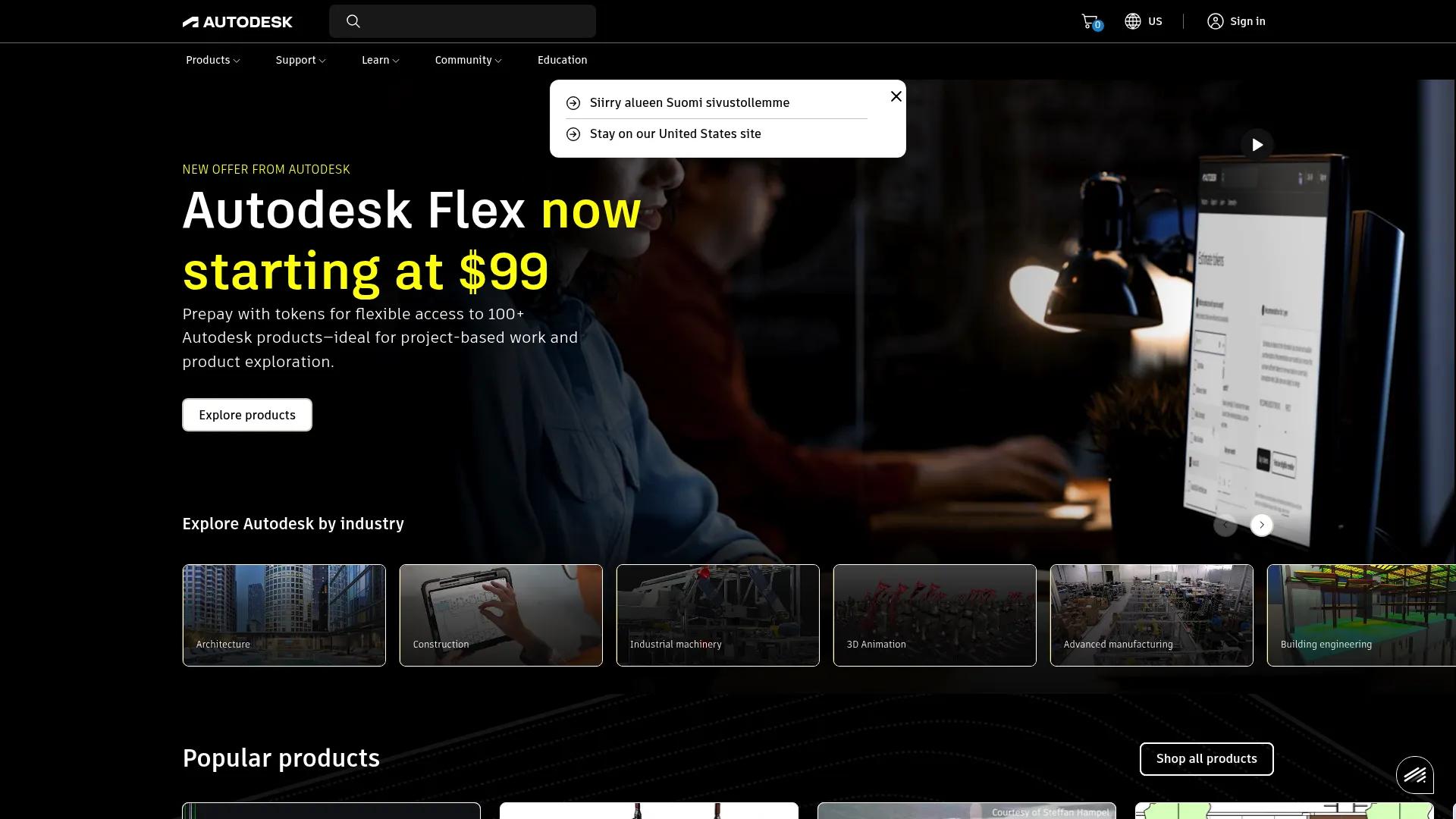 Autodesk homepage showing design and engineering software