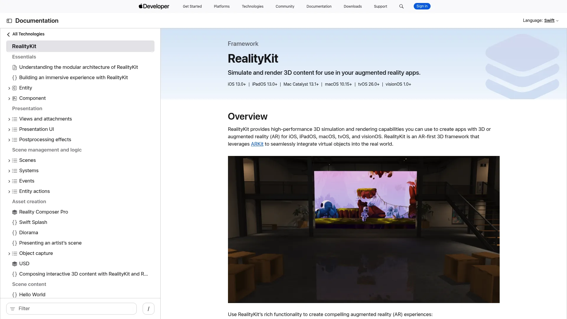 Apple RealityKit AR framework homepage