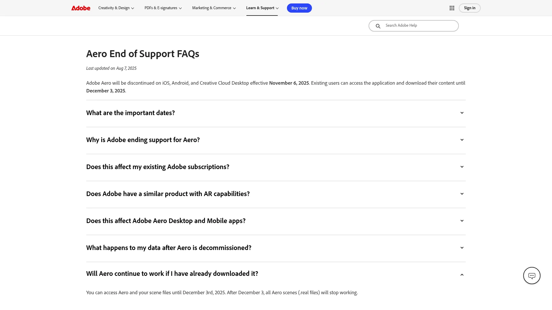 Adobe Aero AR authoring tool homepage