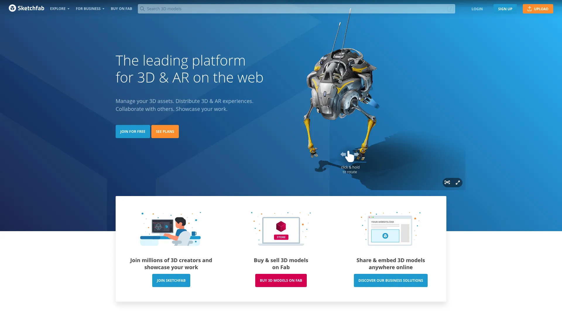 Sketchfab 3D and AR viewer platform homepage