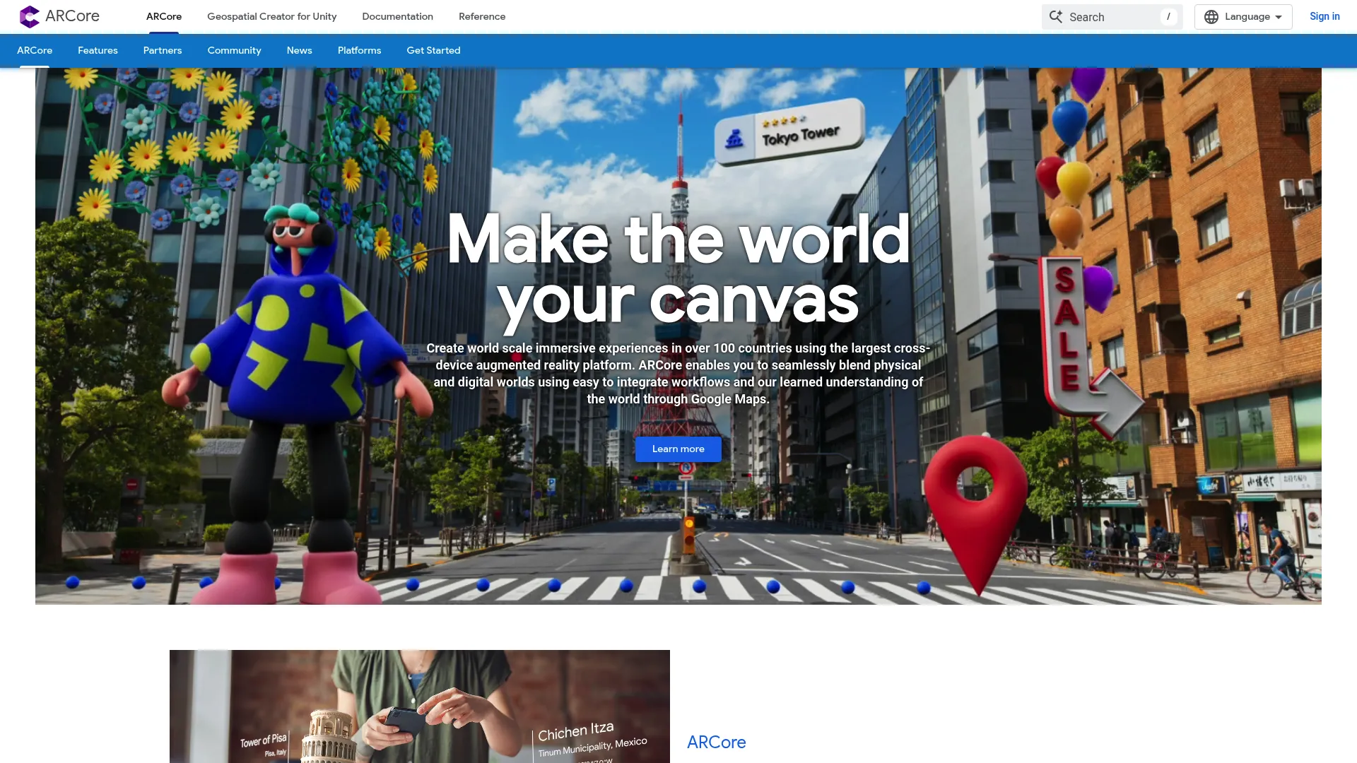Google ARCore AR SDK homepage