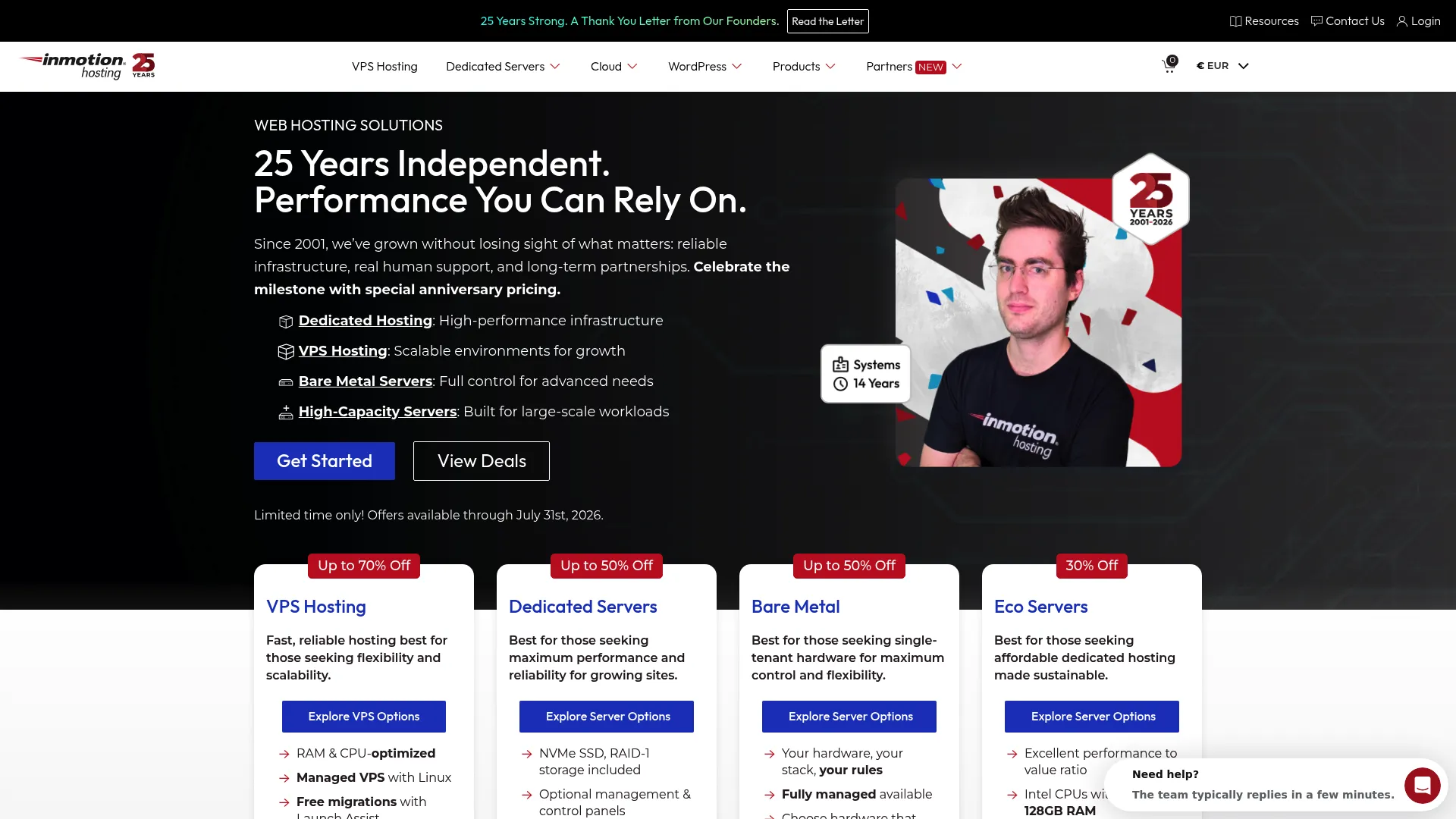 InMotion Hosting dedicated server hosting homepage